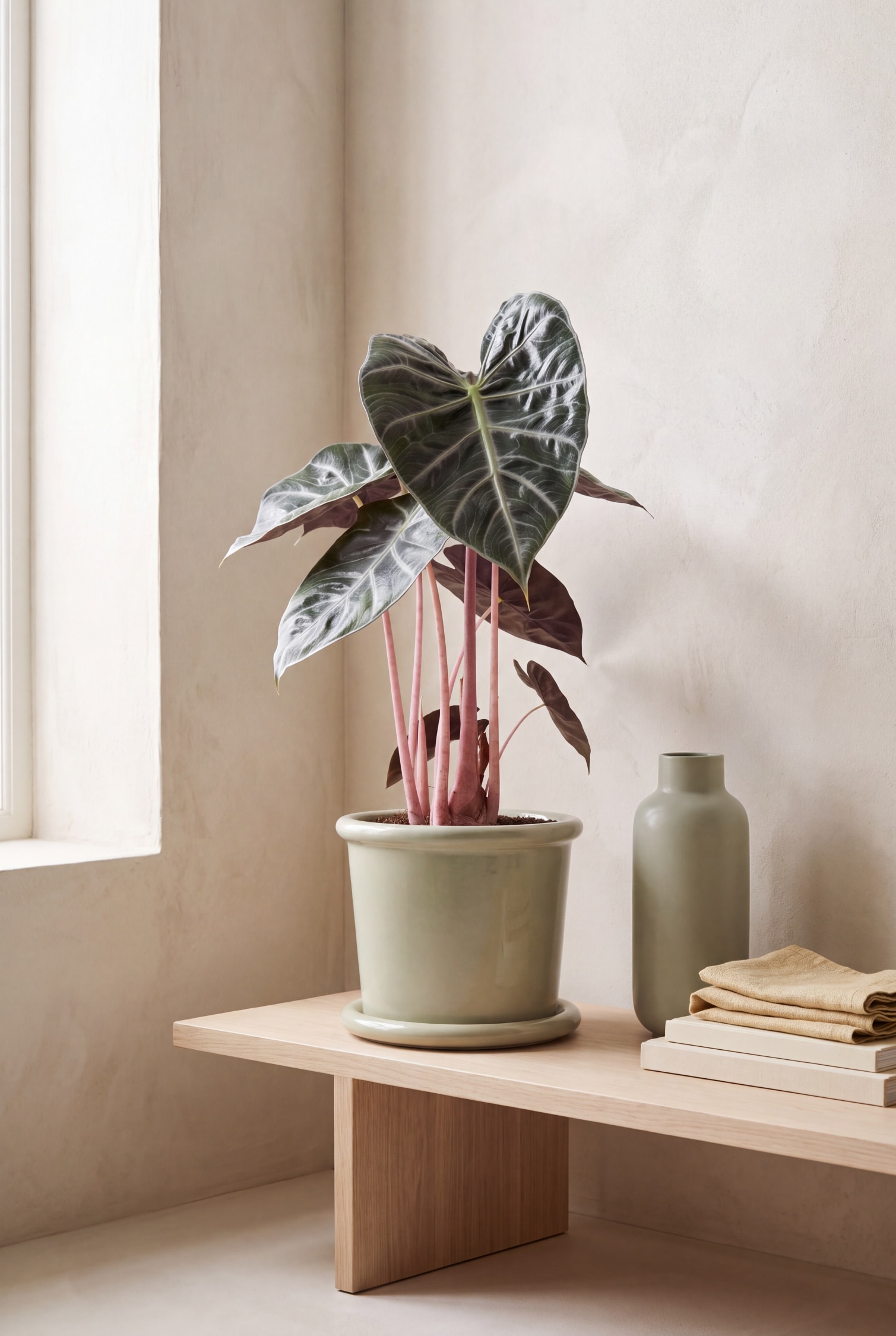 Una planta de Alocasia está colocada en una maceta de cerámica color verde salvia claro con acabado brillante y un plato a juego. La planta muestra tallos erguidos de color rosa vibrante que sostienen grandes hojas de color verde oscuro en forma de punta de flecha, con prominentes nervaduras blanco plateadas y el envés de color morado intenso.
