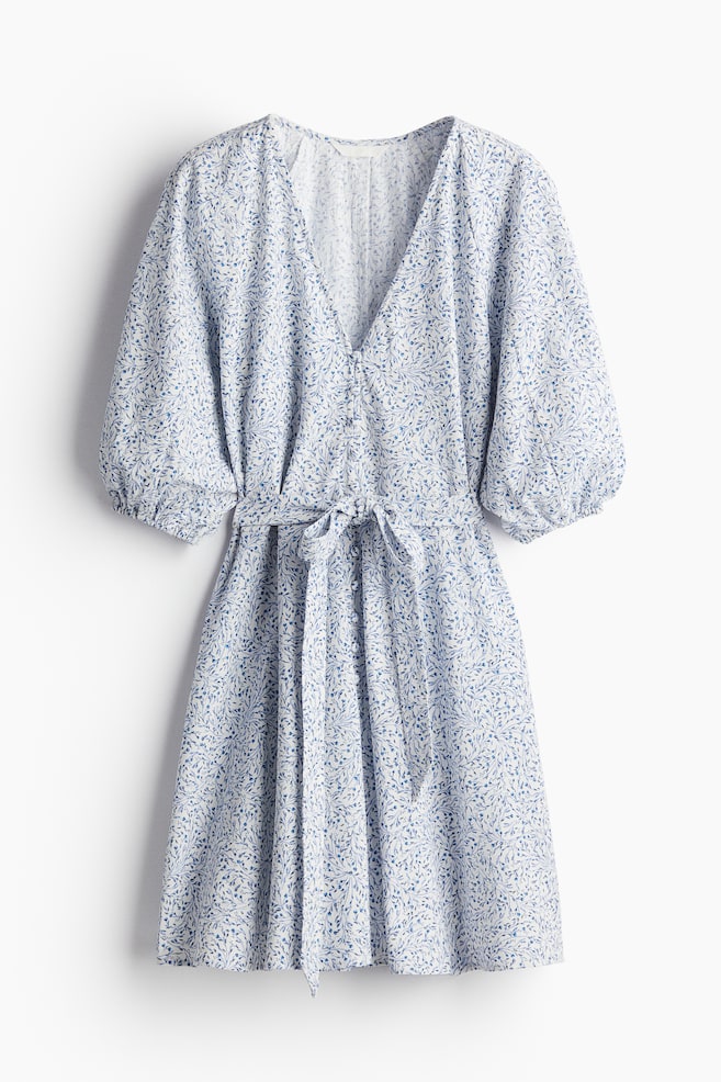 Vestido de algodón con cinturón de anudar - Blanco/Floral azul/Blanco/Floral rosa - 1