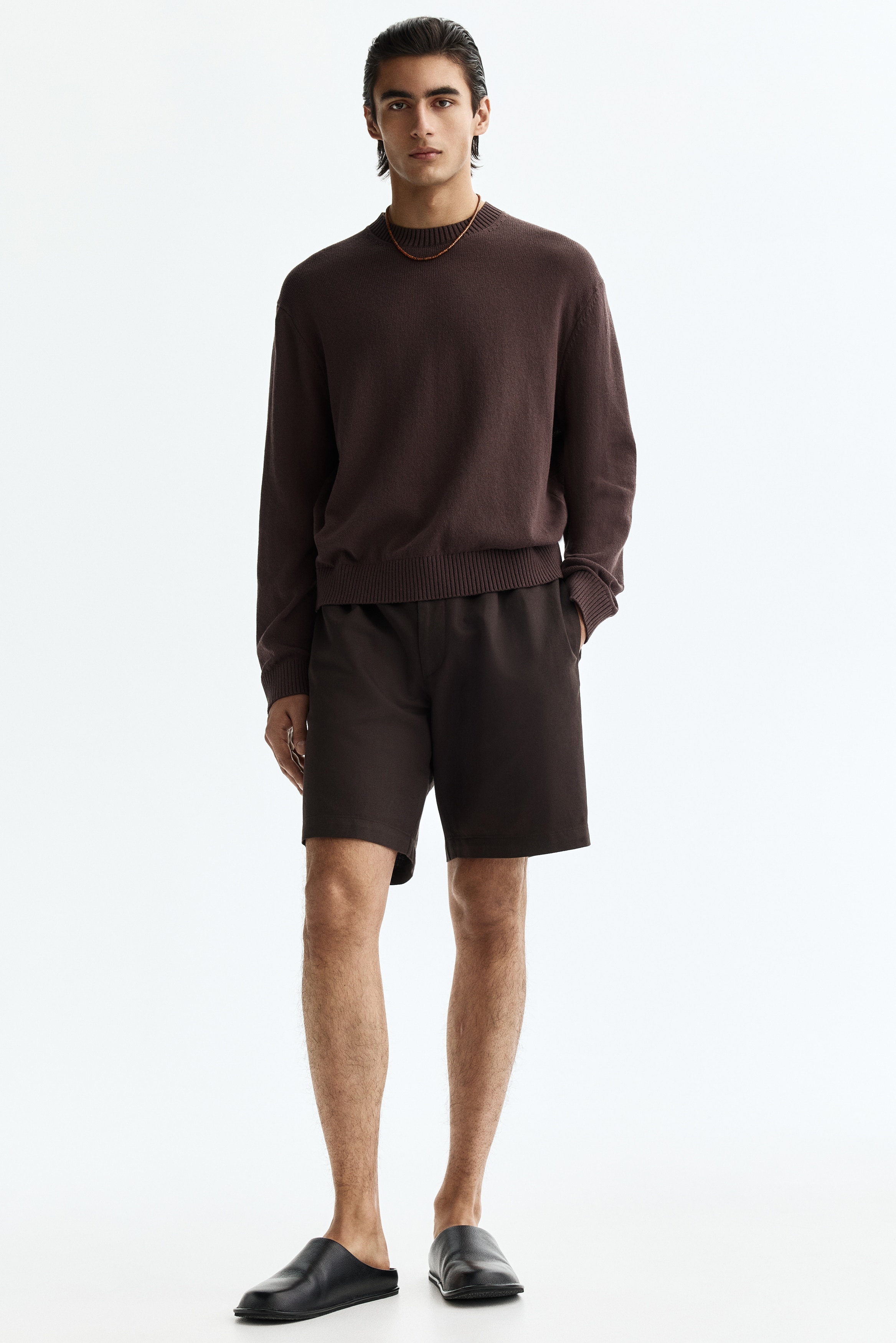 Shorts i linmix Relaxed Fit - Mörkbrun/Svart/Brun/Vit