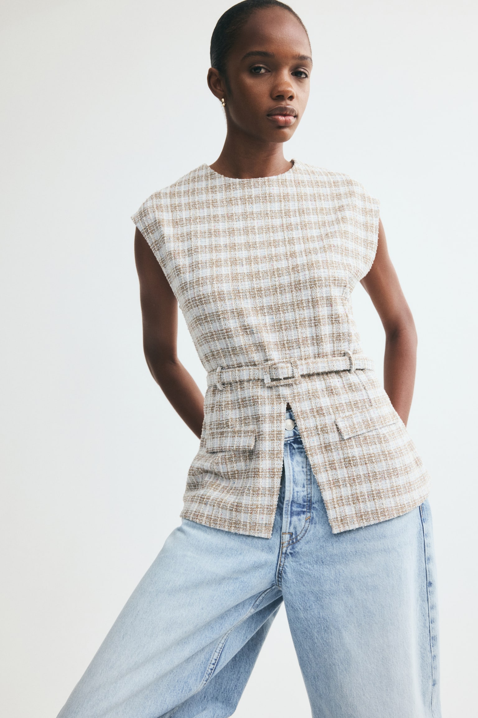 Belted bouclé-knit top - Light dusty blue/Checked - 1