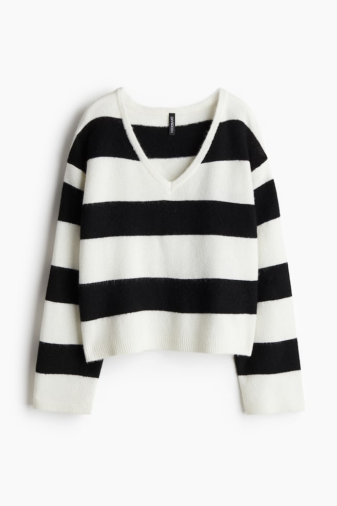 Pullover a V in maglia fine - Crema/righe/Crema - 1