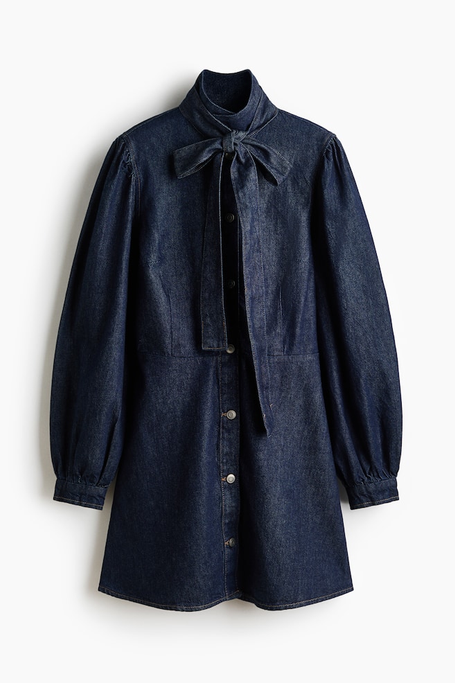 Tie-detail denim dress - Dark denim blue - 1