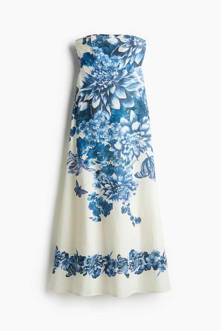 Linen-blend bandeau dress - White/Blue floral Linen-blend bandeau dress - White/Blue floral