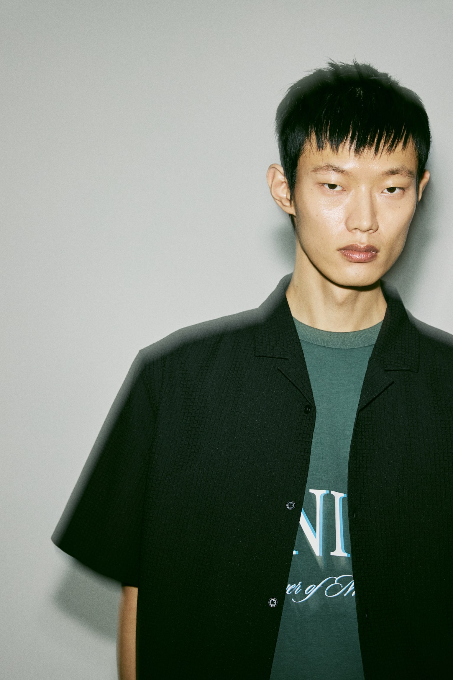 Loose Fit Textured resort shirt - Navy blue/Green/White - 9