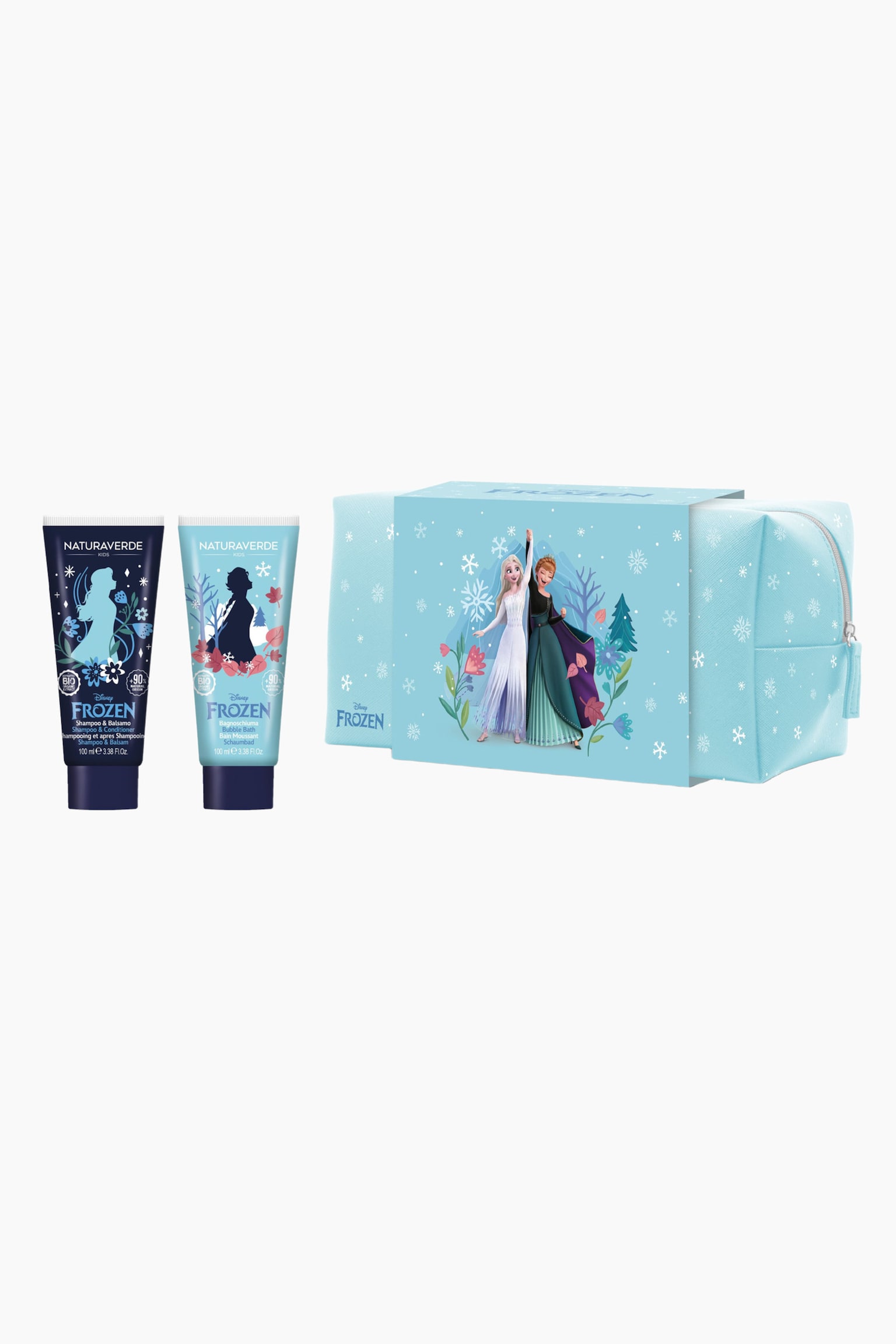 Et Disney Frozen-badegavesÃ¦t med en lyseblÃ¥ skÃ¸nhedstaske med snefnugmÃ¸nster, indpakket i et dekorativt omslag med Elsa og Anna. Til venstre for tasken stÃ¥r to tuber med klemfunktion, hvor den ene mÃ¸rkeblÃ¥ tube viser en silhuet af Elsa, og den ene lyseblÃ¥ tube viser en silhuet af Anna.