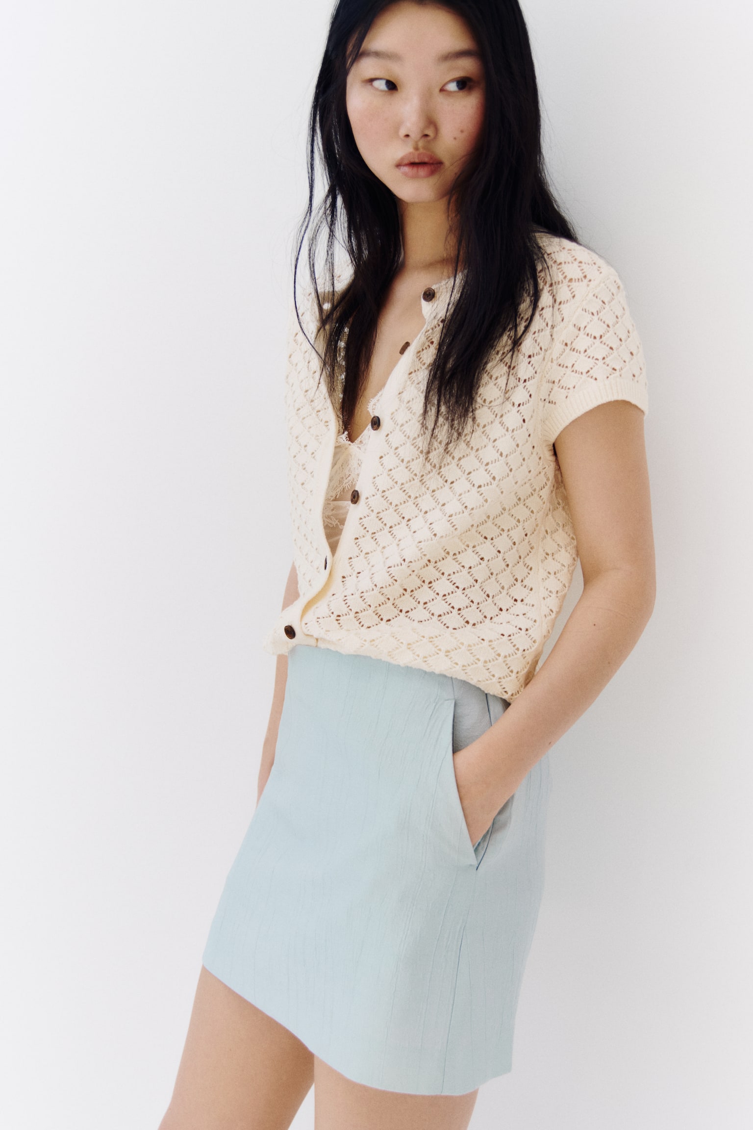 Cap-sleeved pointelle-knit cardigan - Light beige/Dusty blue/Brown - 4