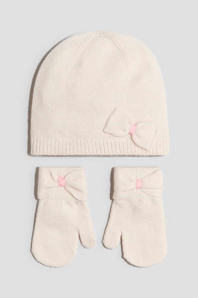 Ensemble 2 pièces bonnet et moufles - Rose poudré - 1