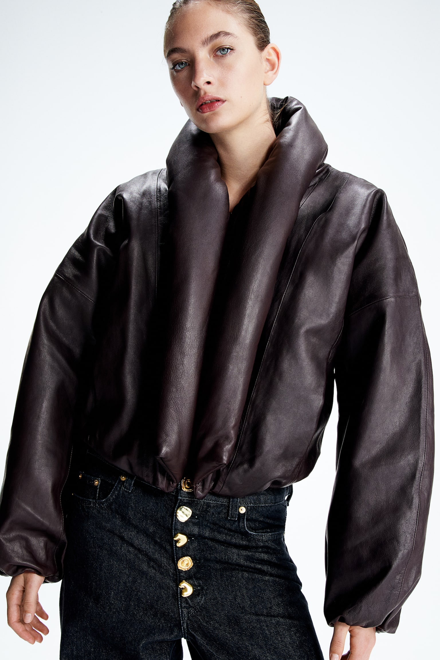 Shawl-collared leather jacket - Burgundy - 7