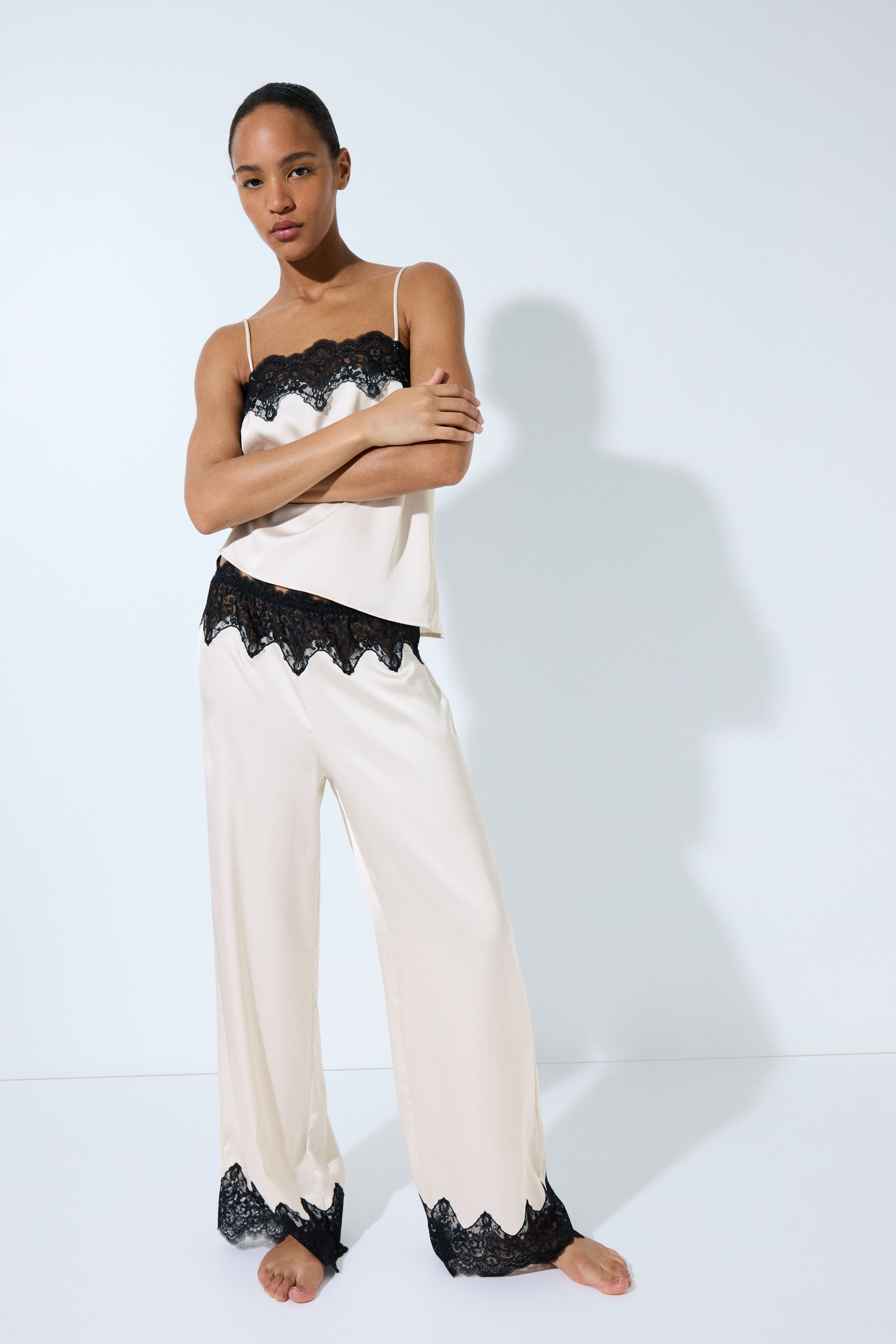 Lace-Trimmed Satin Pajama Pants