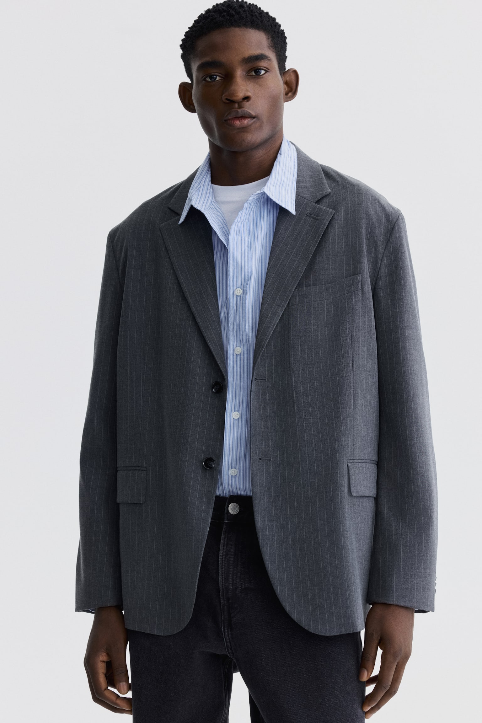 Однобортний піджак Oversized Fit - Сірий/тонка смужка - 3