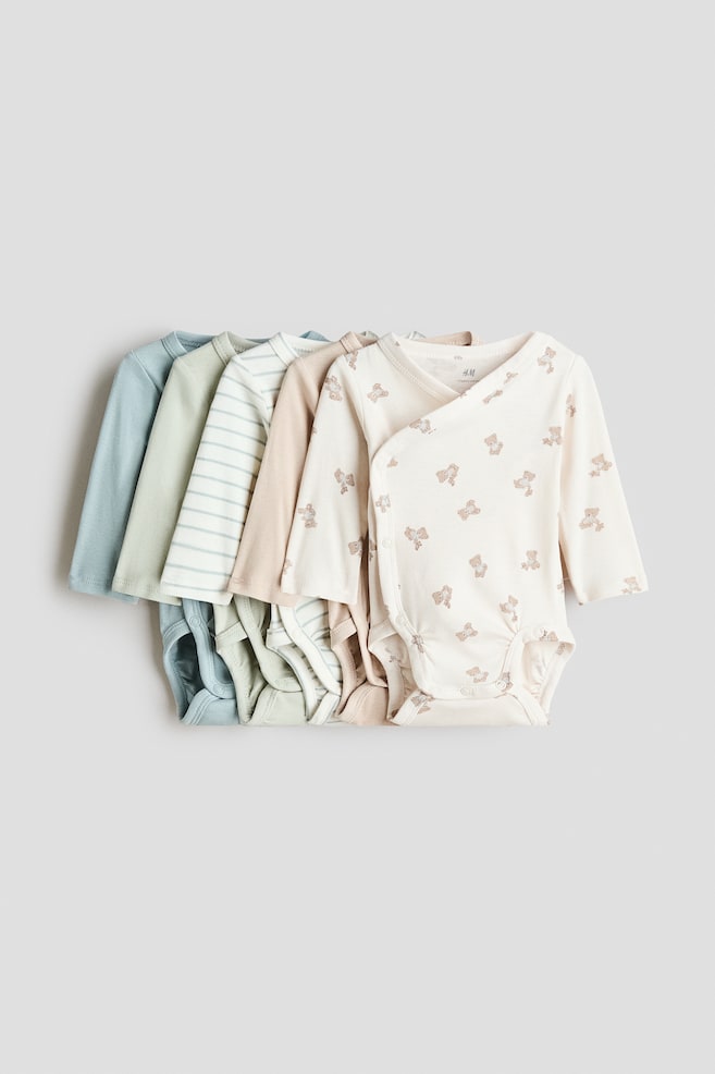 5-pack wrapover bodysuits - Turquoise/Teddy bears/Dusty blue/Khaki green/White/Giraffes/Light pink/Floral/Beige marl/Mole/Cream/Strawberries/Light dusty pink/Patterned/Dusty pink/White/White/Giraffes/Dusty pink/Cherries - 1