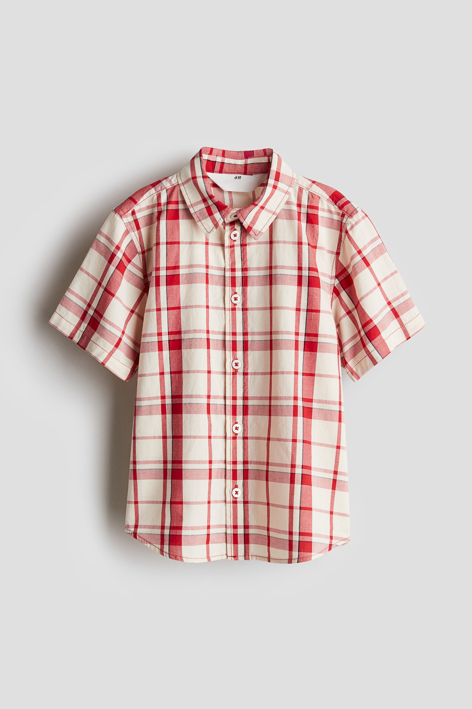 Short-sleeved cotton shirt - Beige/Red checked/Red - 1