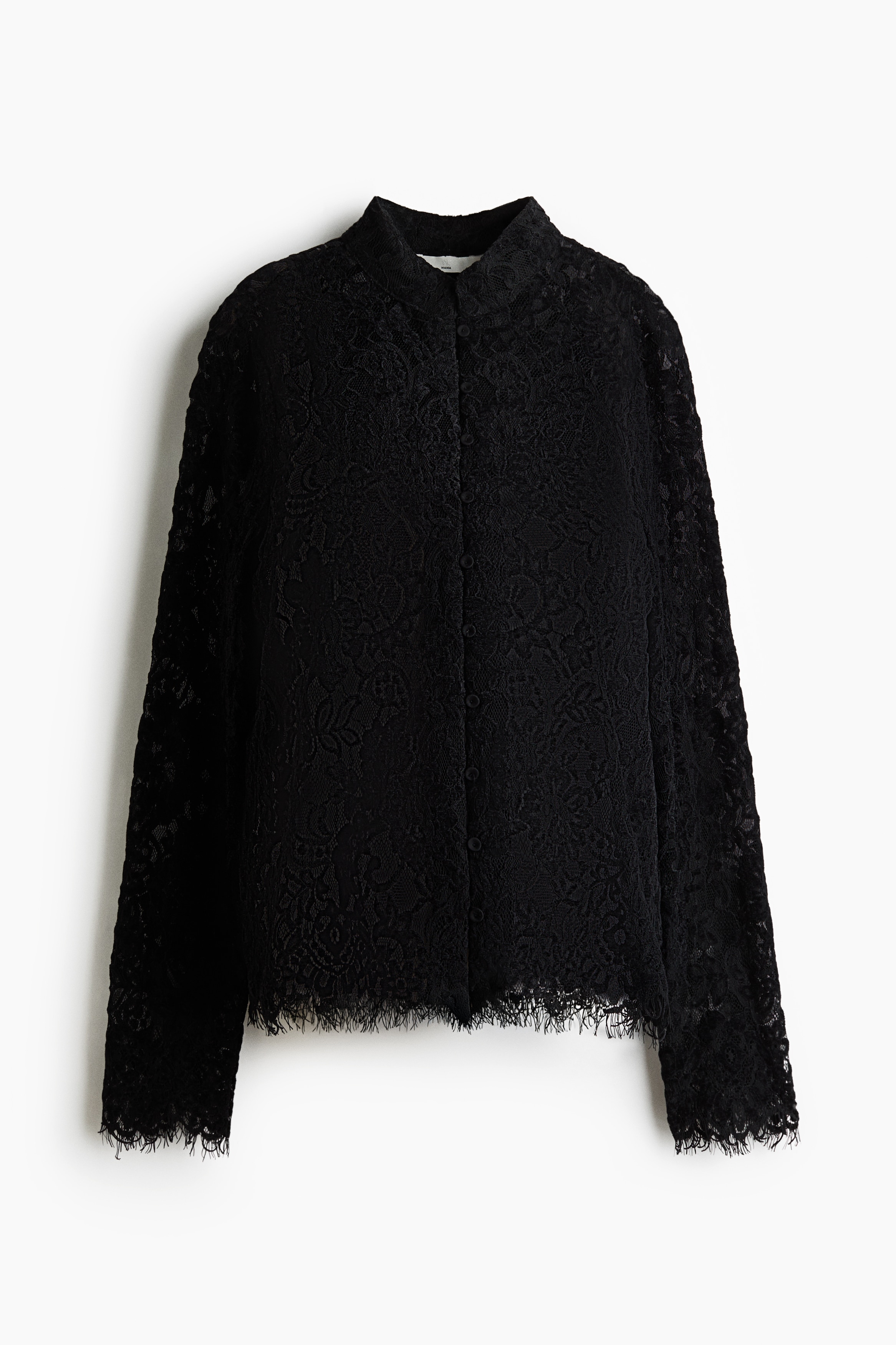 A black sheer lace shirt featuring a stand collar and frayed edges at the cuffs and hem is being worn by the model. The model is standing in profile with one hand resting under the chin, showcasing the long sleeves and intricate lace pattern.