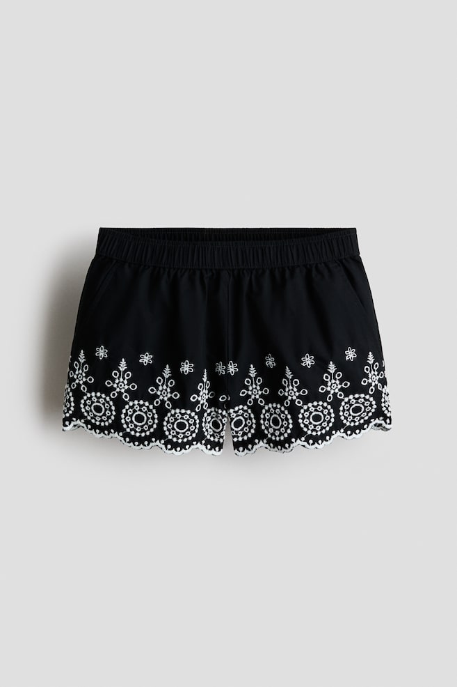 Embroidered cotton poplin shorts - Black/Patterned - 1