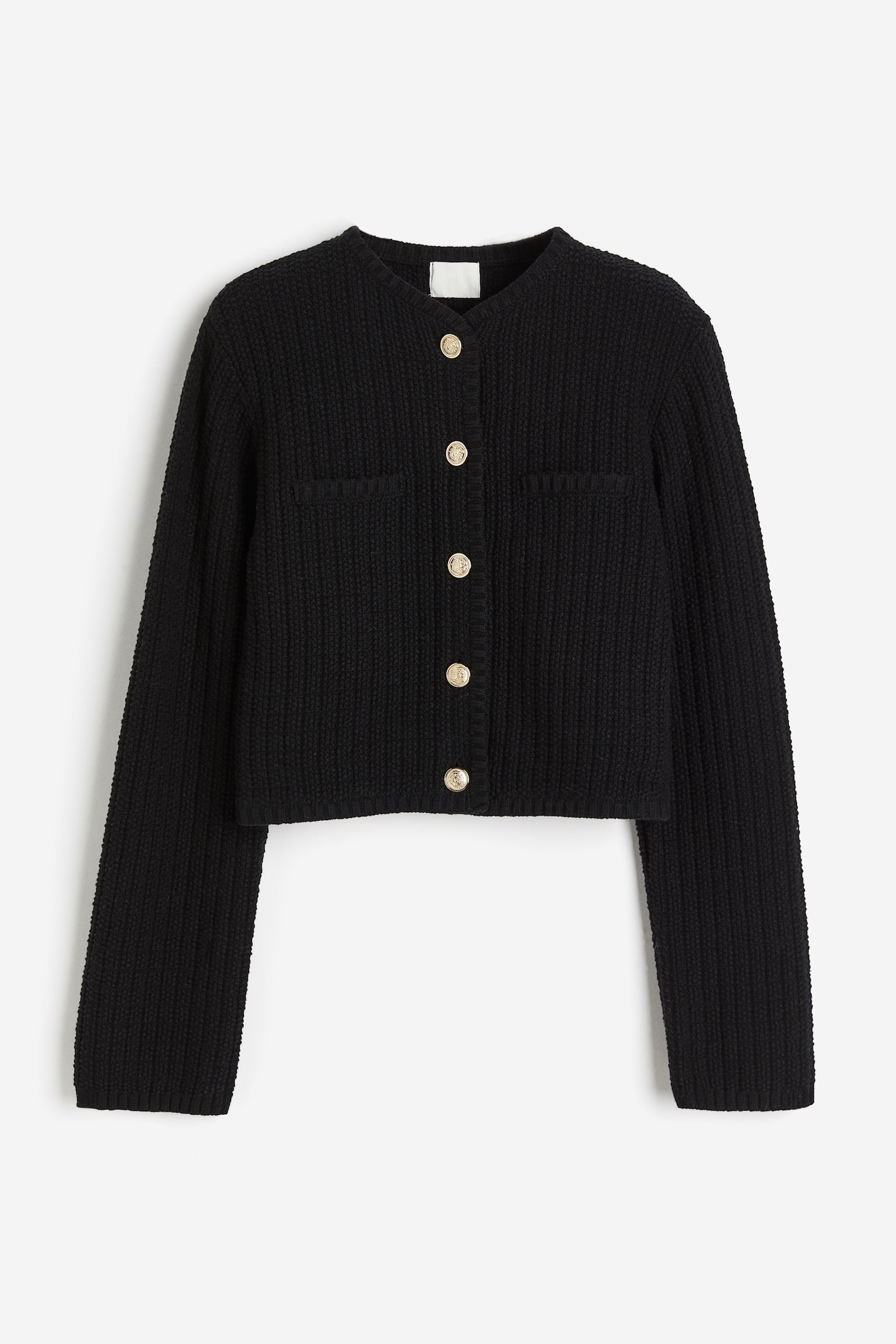 Short Textured Knit Cardigan - Black/Cream - 2