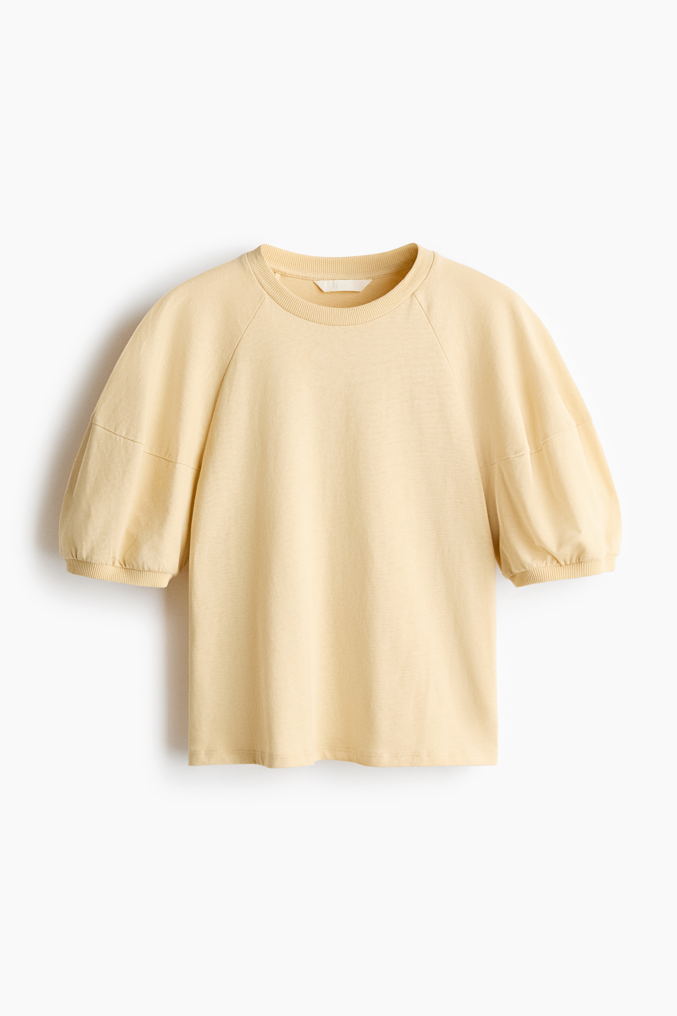 Puff-sleeved cotton top - Light yellow/Khaki green/Grey marl