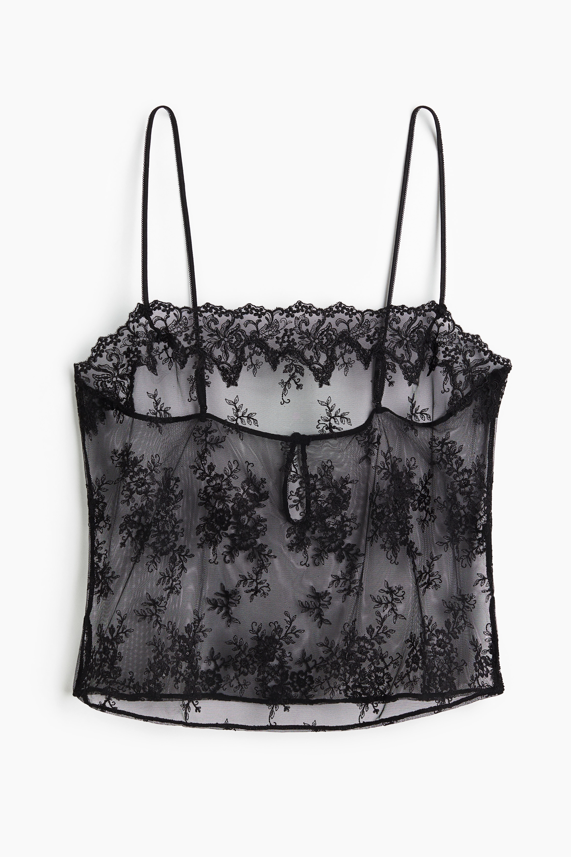 Top à bretelles fines en mesh brodé - Noir