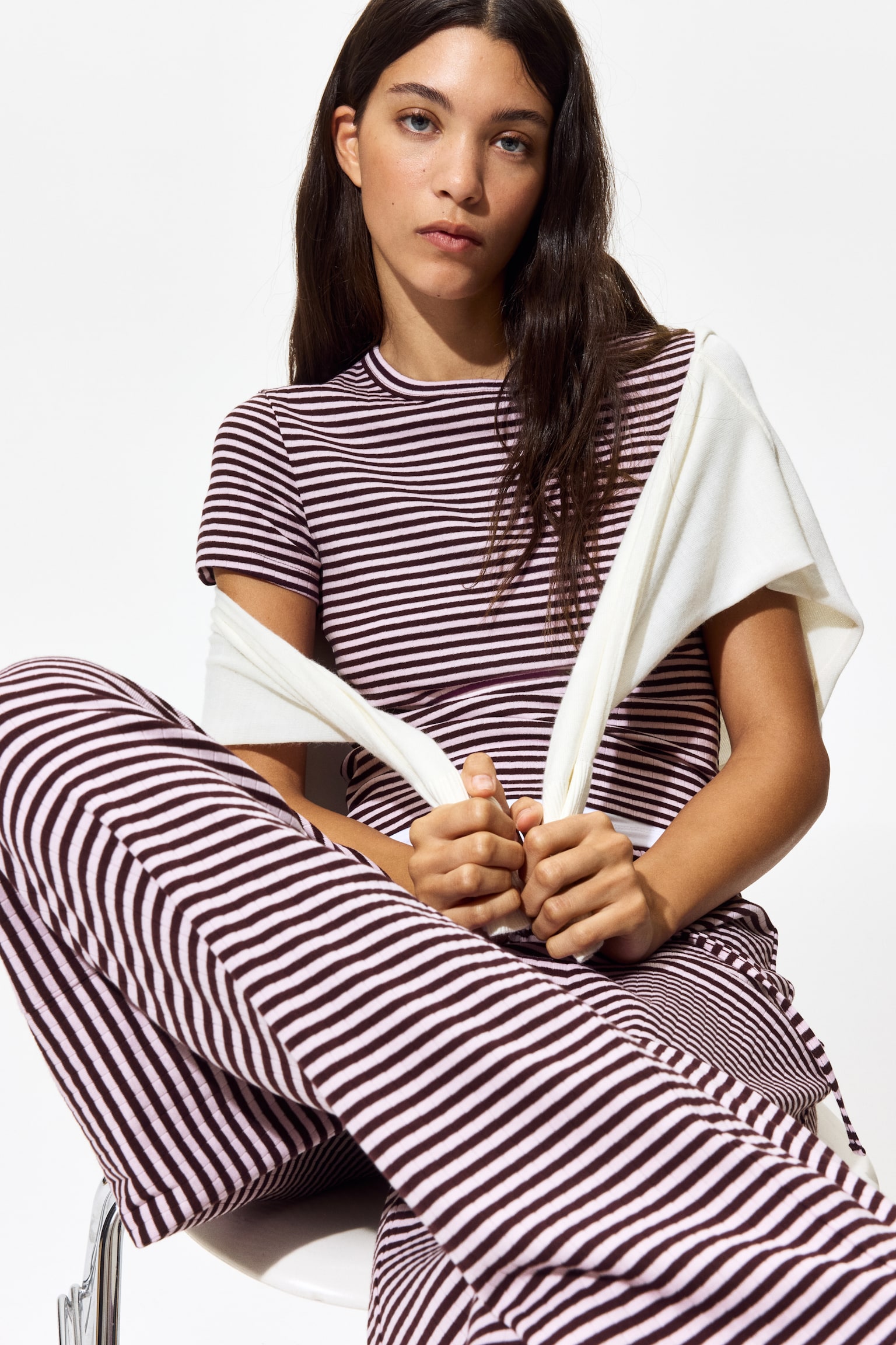 Ribbed T-Shirt - Dark plum purple/striped/Navy blue/striped/White/dark brown striped - 5