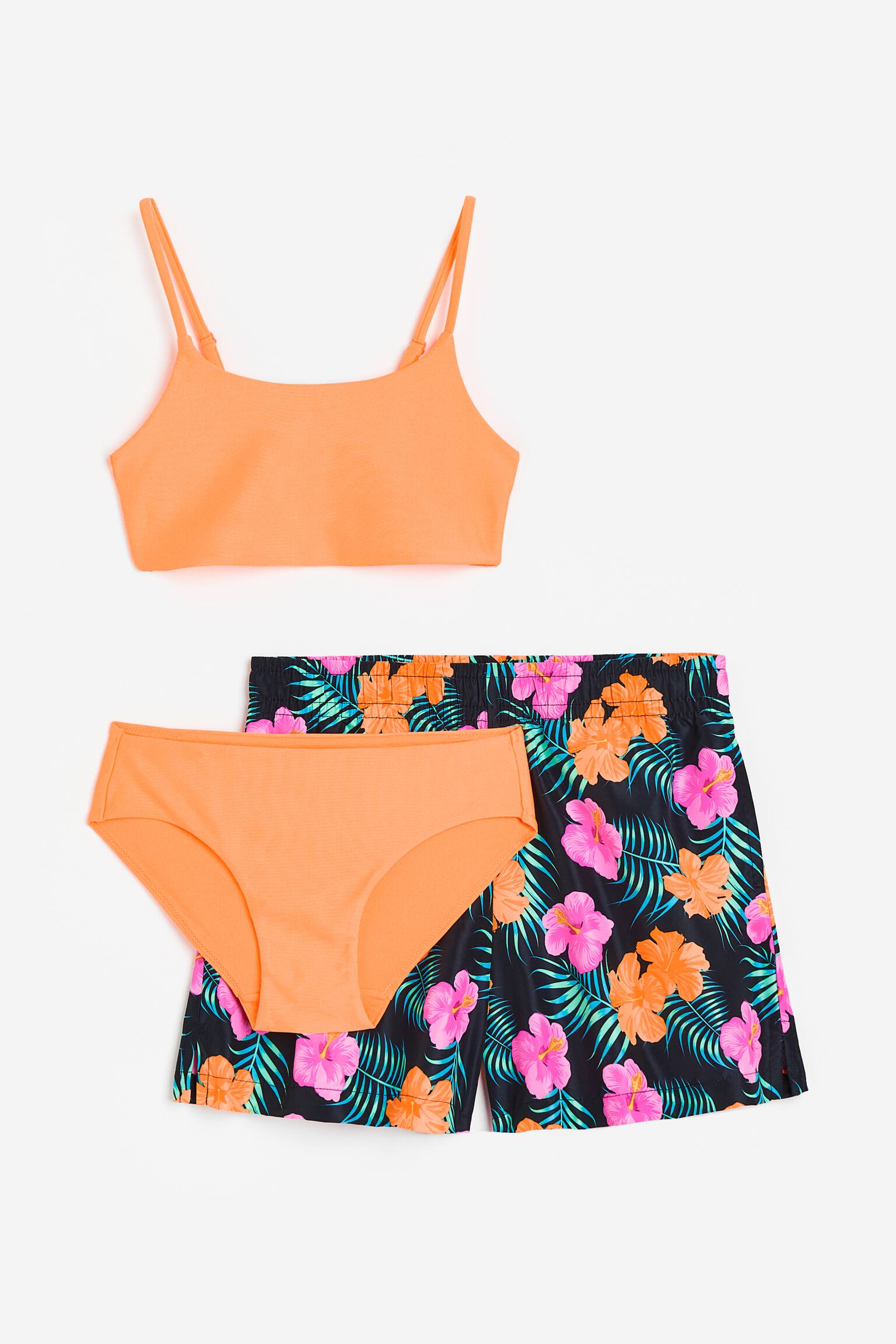 3-piece Bikini & Boardshorts Set - Orange/Floral/Bright pink/Ombré - 1