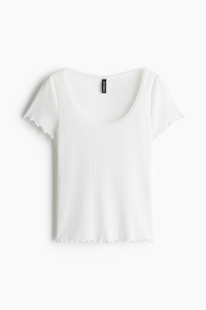 Lace-Trimmed Pointelle T-Shirt - White/Light gray melange - 1