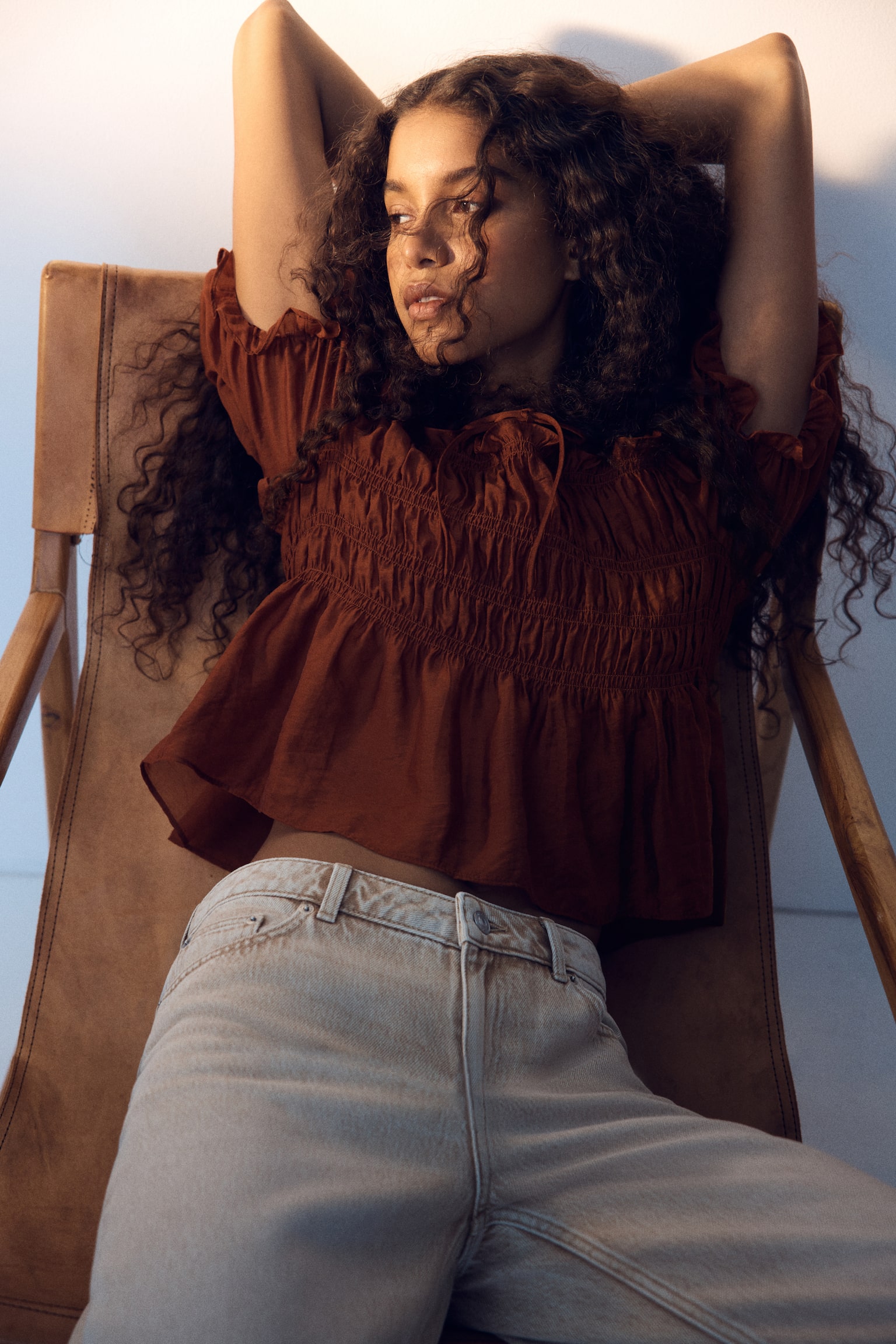 חולצה עם כיווצים - אדום חלודה/קרם/בז' בהיר - 6