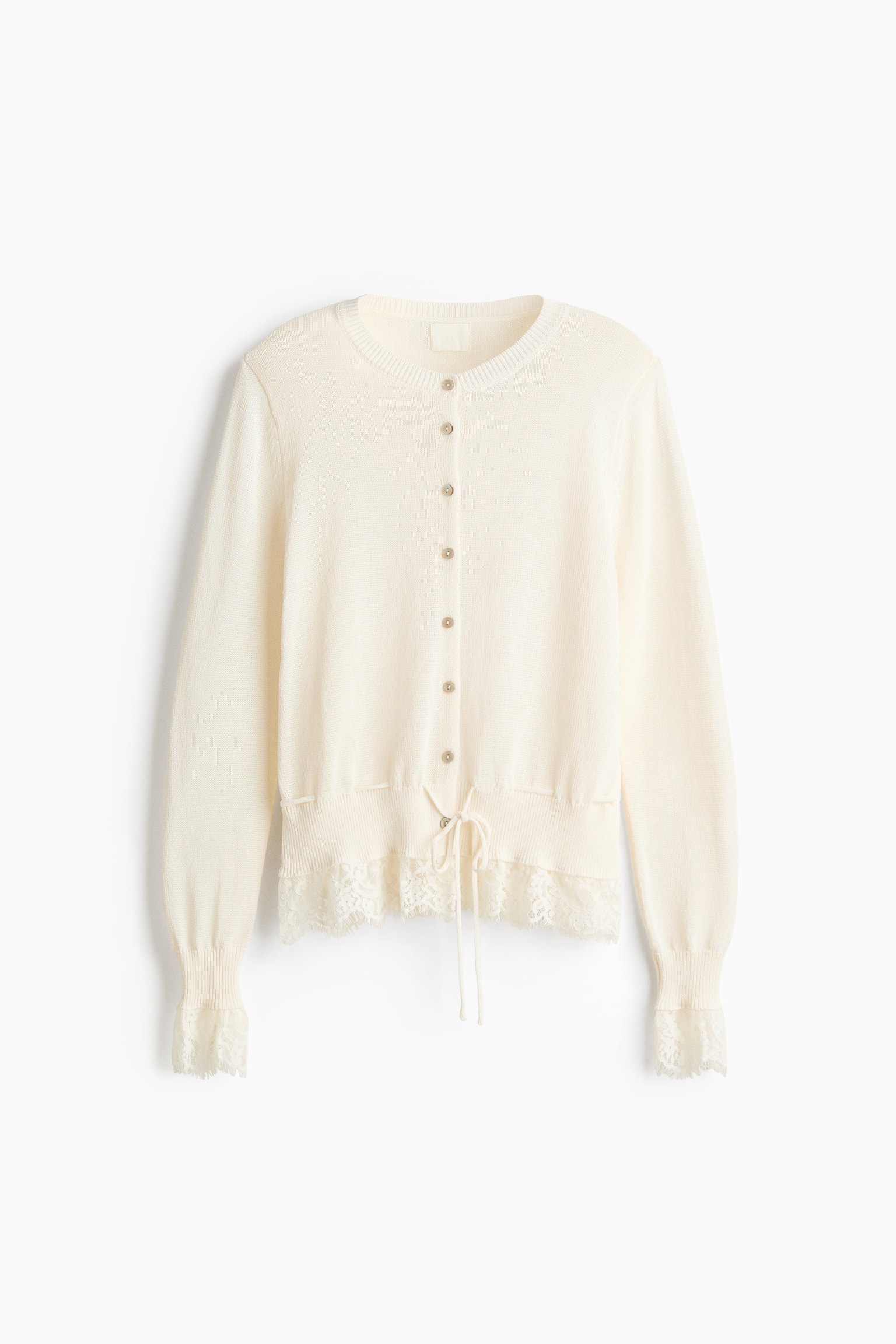 Cardigan mit Spitzenbesatz und Bindebändern - Cremefarben