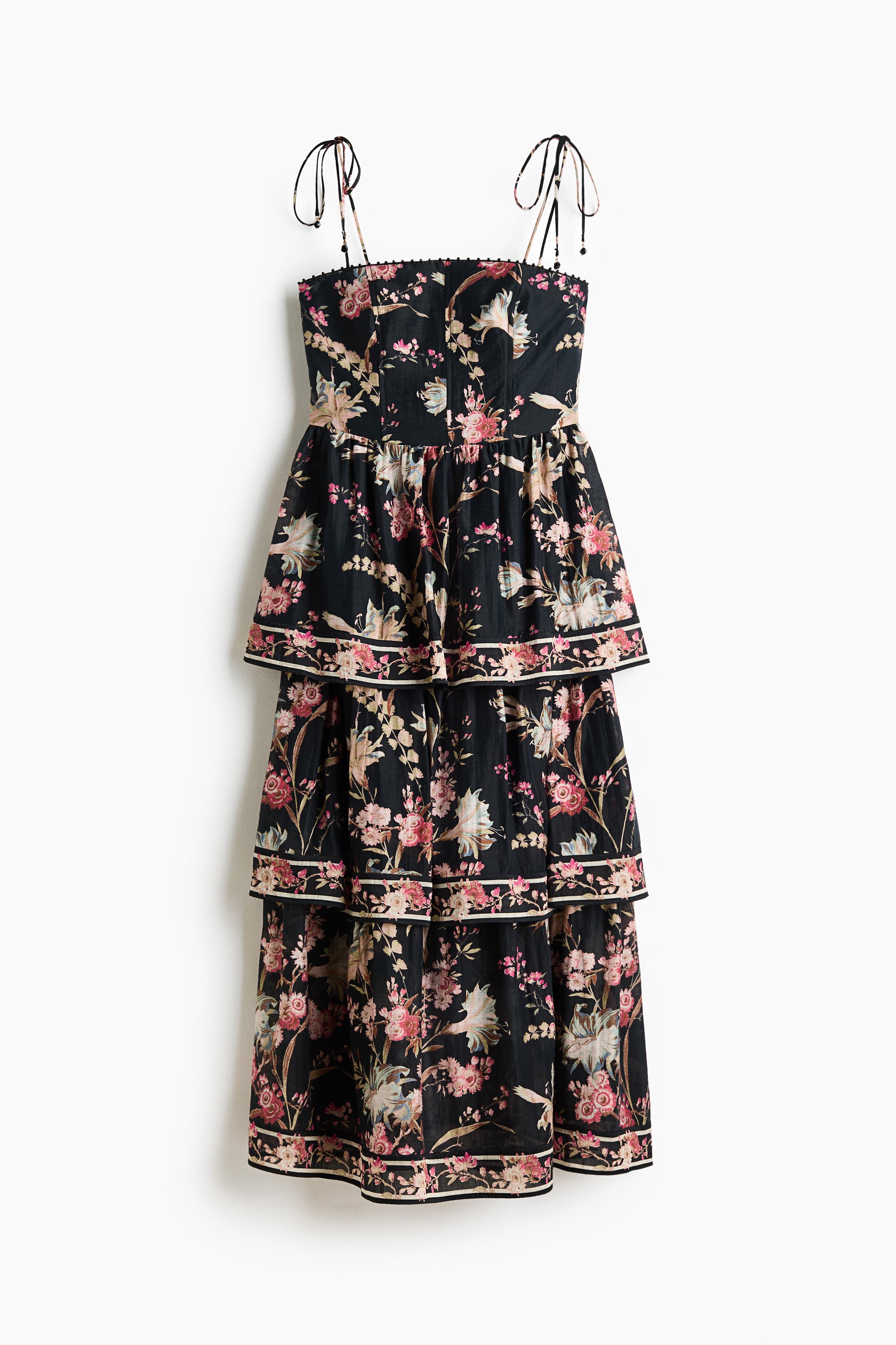 Tiered linen-blend dress - Black/Floral