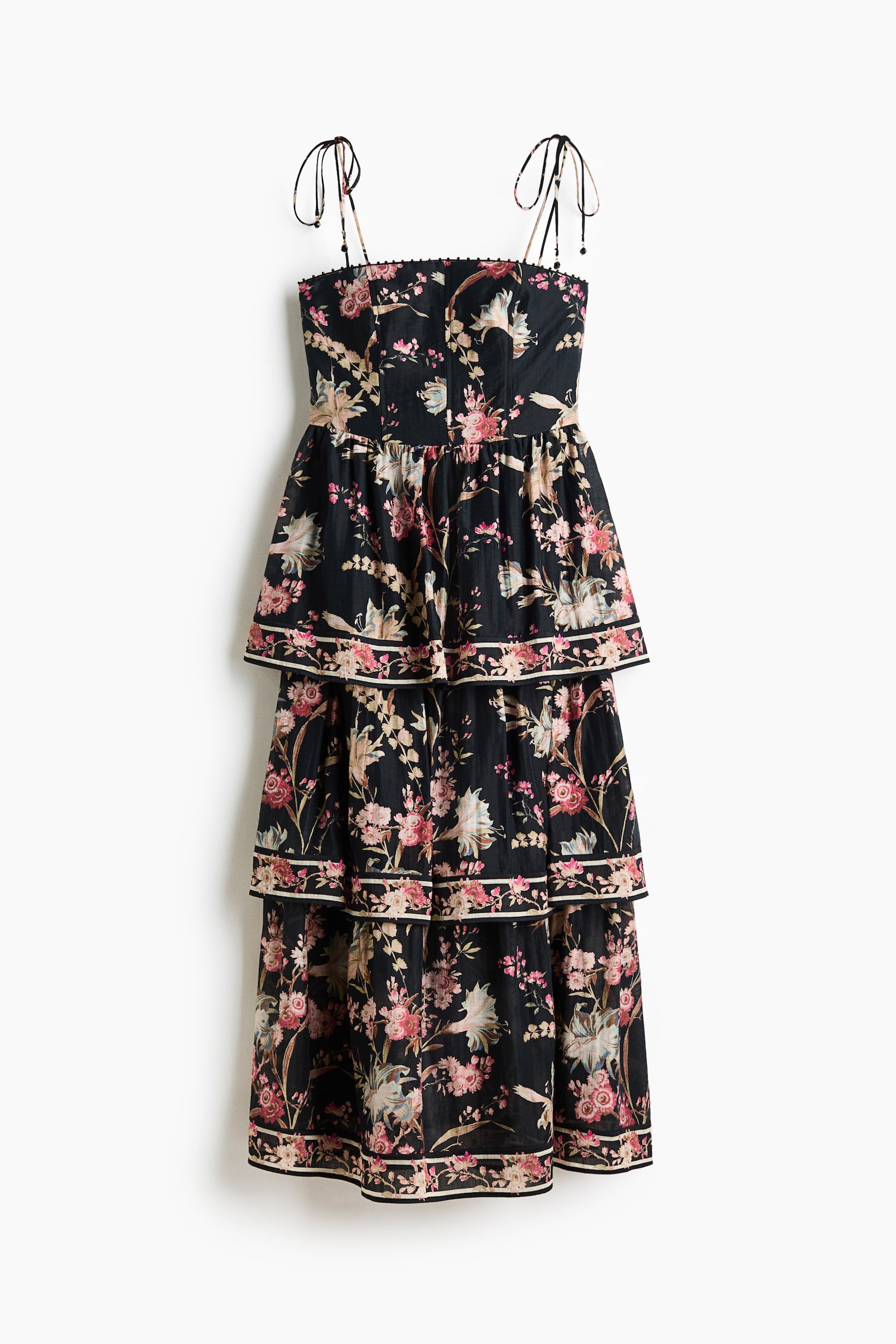 Tiered linen-blend dress - Black/Floral - 1