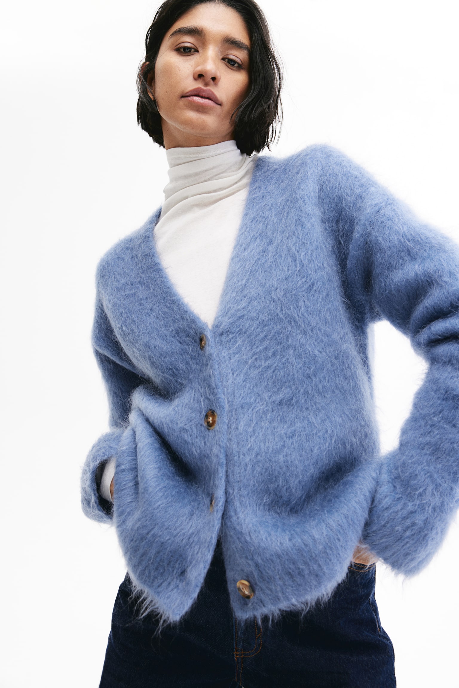 Mohair-blend cardigan - Dusty blue/Light grey - 6