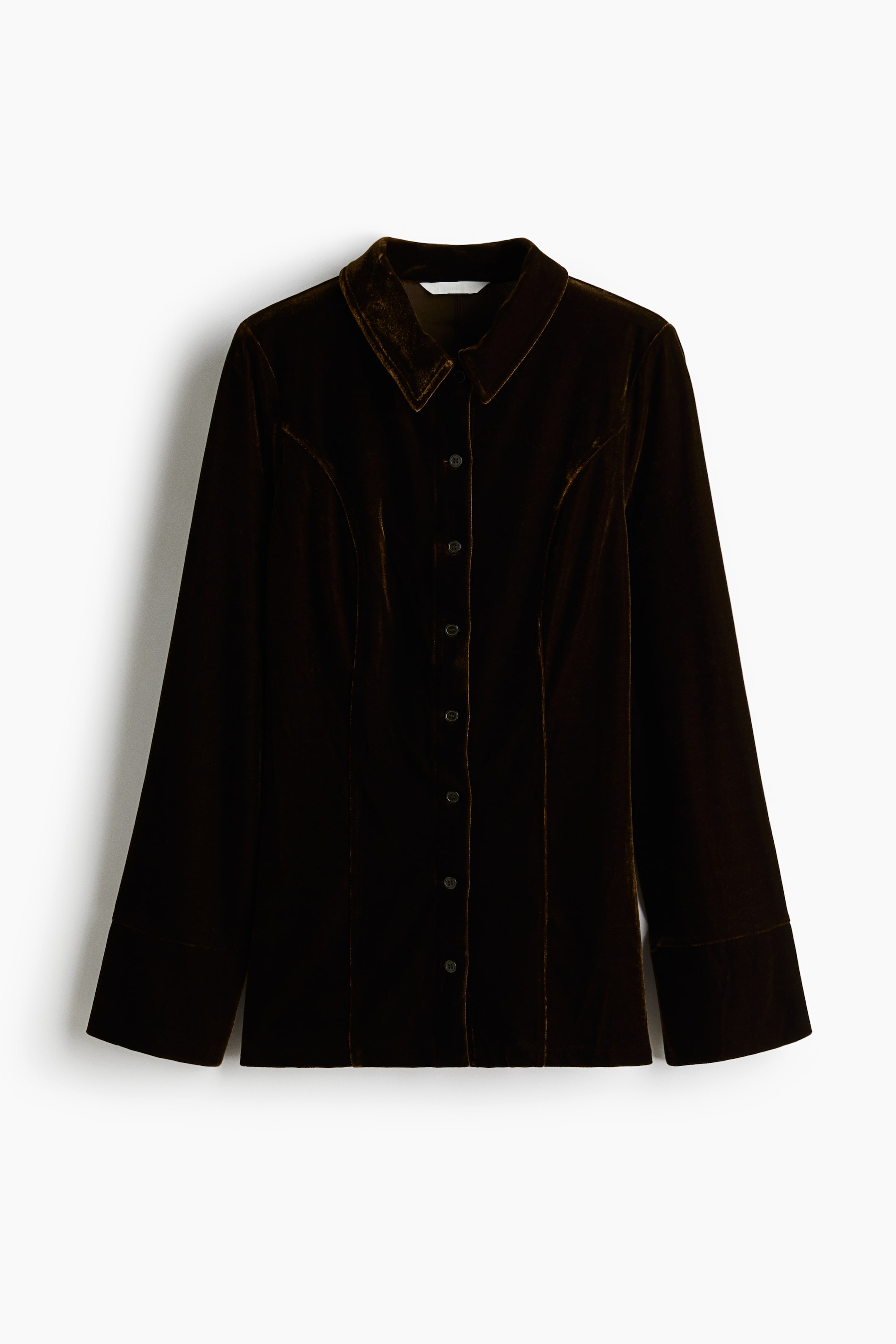 View larger image: A dark brown velvet shirt is being presented from the front, featuring a classic pointed collar, a full button-down placket, vertical shaping seams on the front, and long sleeves with wide banded cuffs.