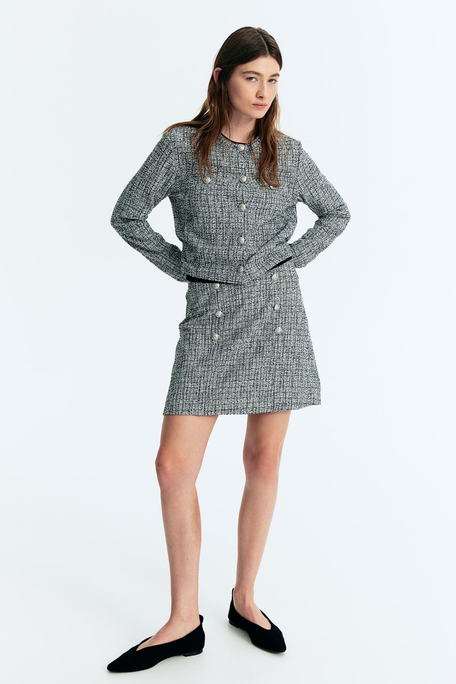 Textured button-front skirt - Black/Checked - 1