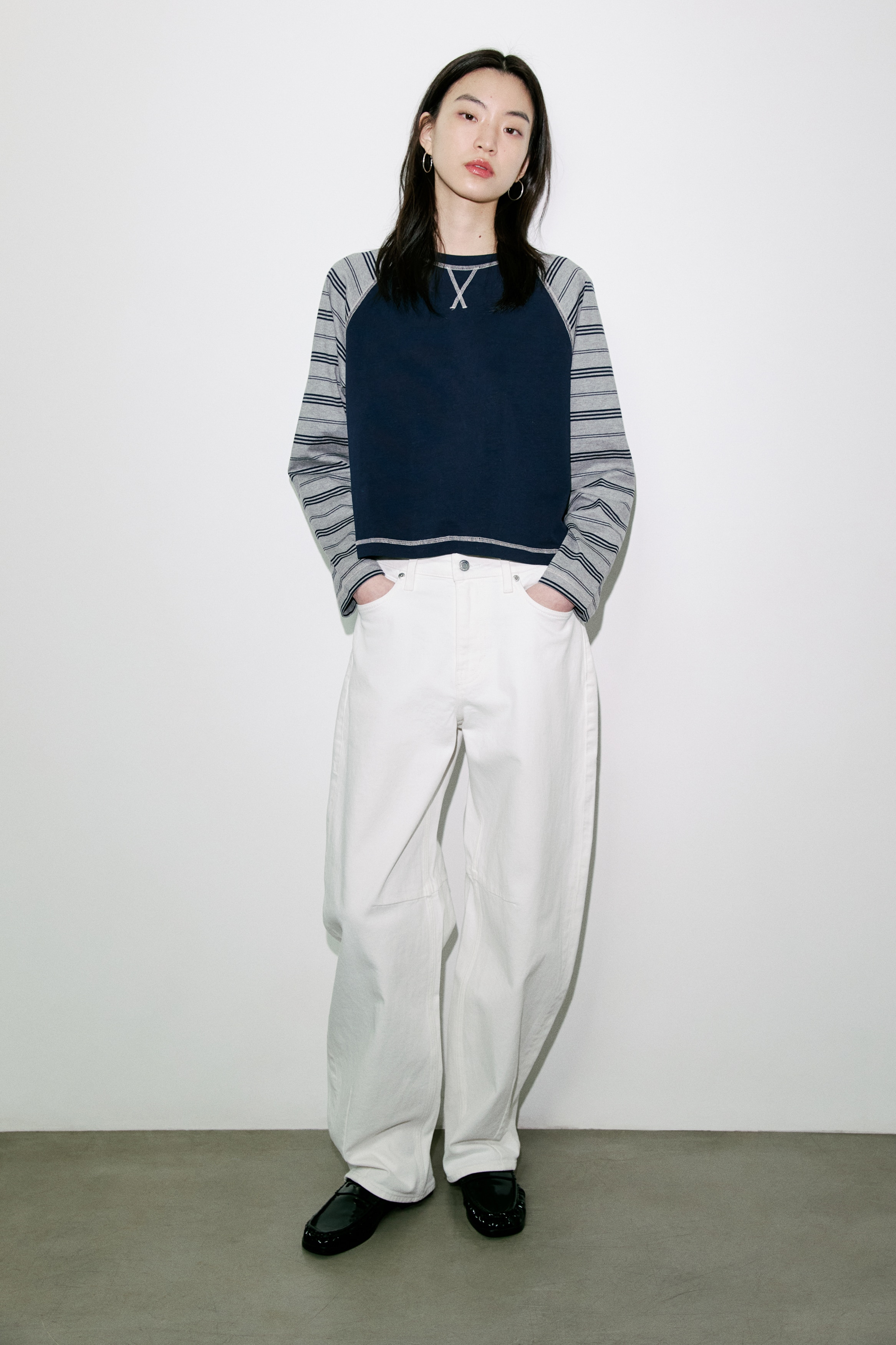 Long-sleeved cotton top - Navy blue/Grey marl/Grey marl/Navy blue