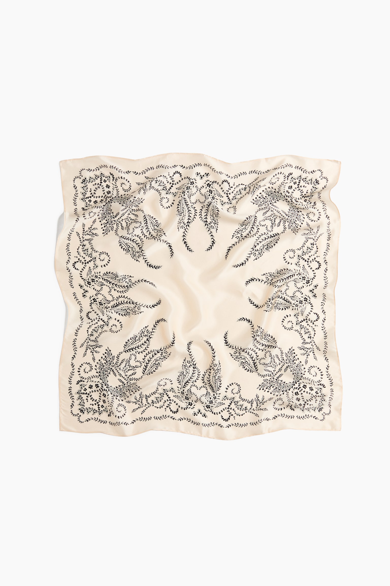 Printed silk scarf - Light beige/Leaves/Khaki green/Paisley pattern