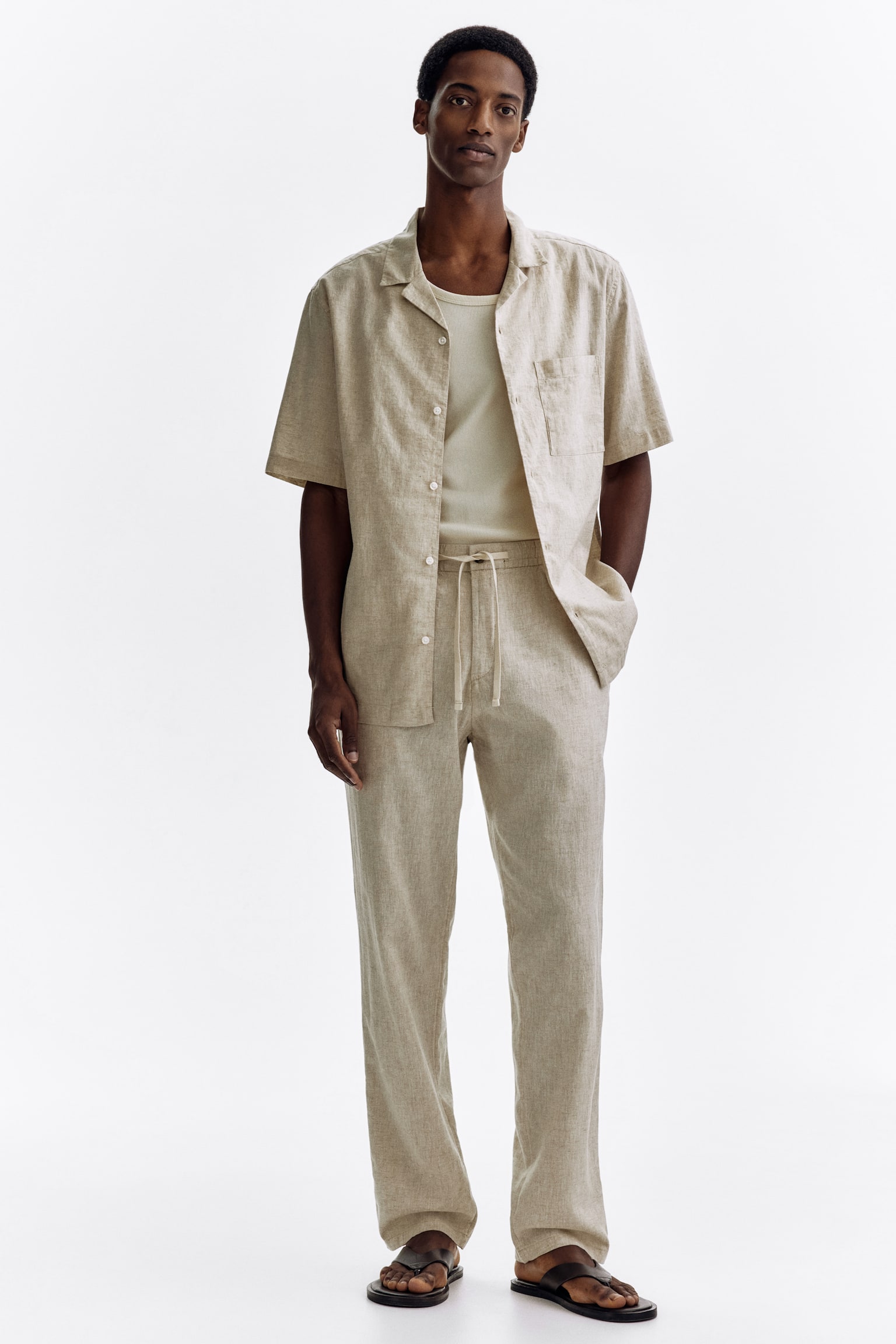 Regular Fit Linen-blend trousers - Cream/White/Black/Dark beige/Sage green - 1