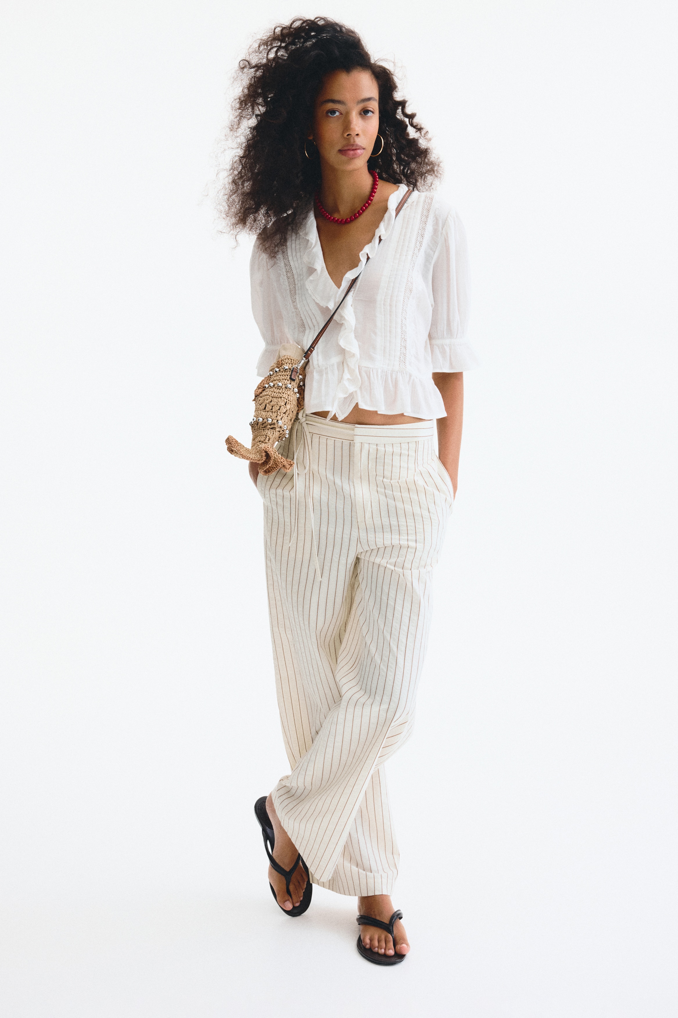 Broek met strikdetail-Wit/gestreept