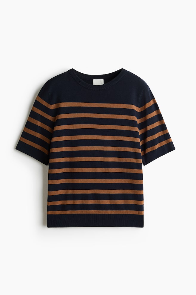 A short-sleeved, fine-knit sweater is shown from the front, featuring horizontal navy blue and brown stripes. It is displaying a round, ribbed neckline, short sleeves with ribbed cuffs, and a matching ribbed hem. - 1