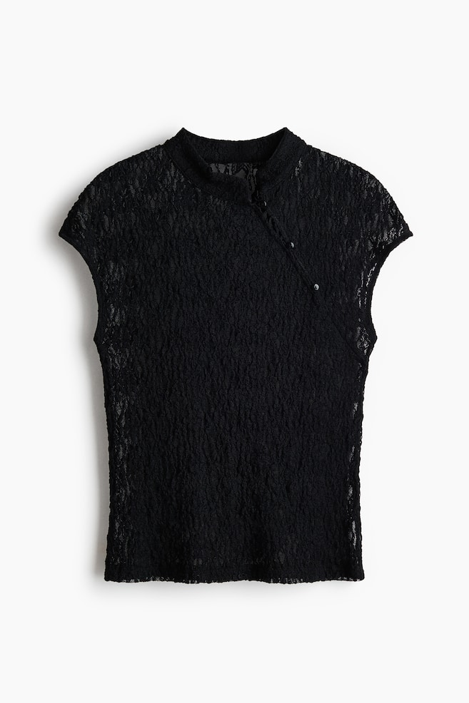 Cap-sleeved lace top - Black/White - 1