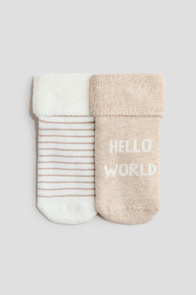 Calze in spugna, 2 paia - Beige chiaro/Hello World/Bianco/I Love Mum/Beige chiaro/orsetto - 1