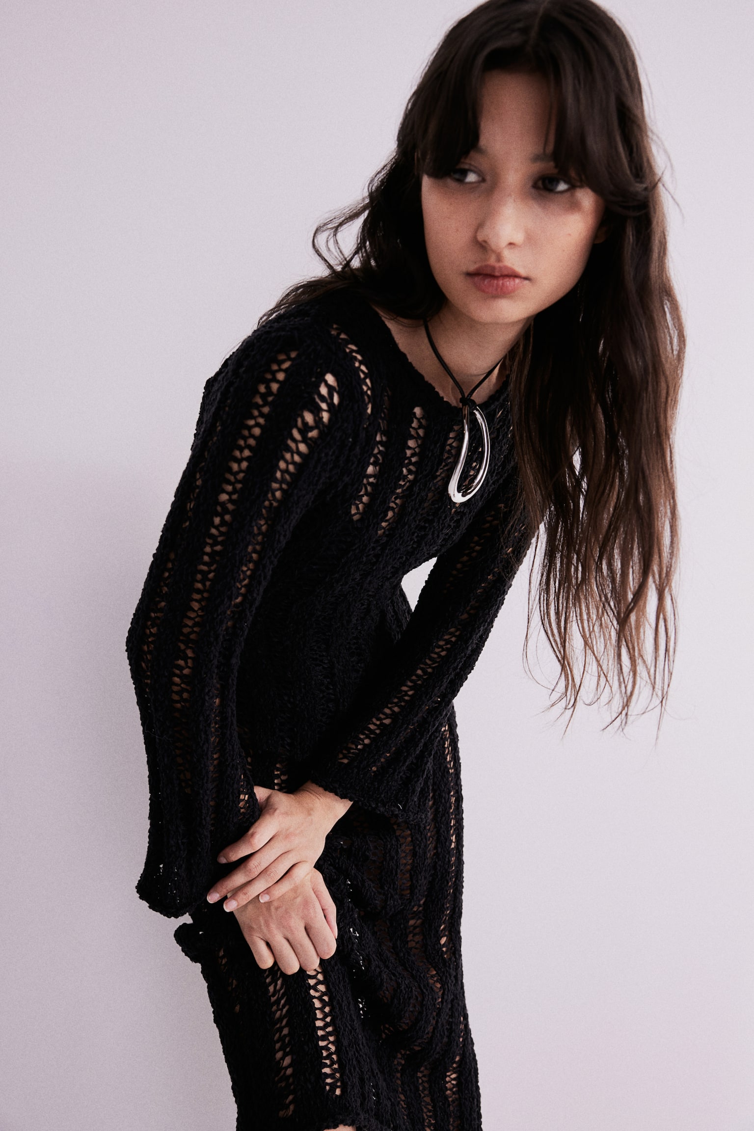 Ladder Stitch Look Knit Dress - Black/Light greige - 1