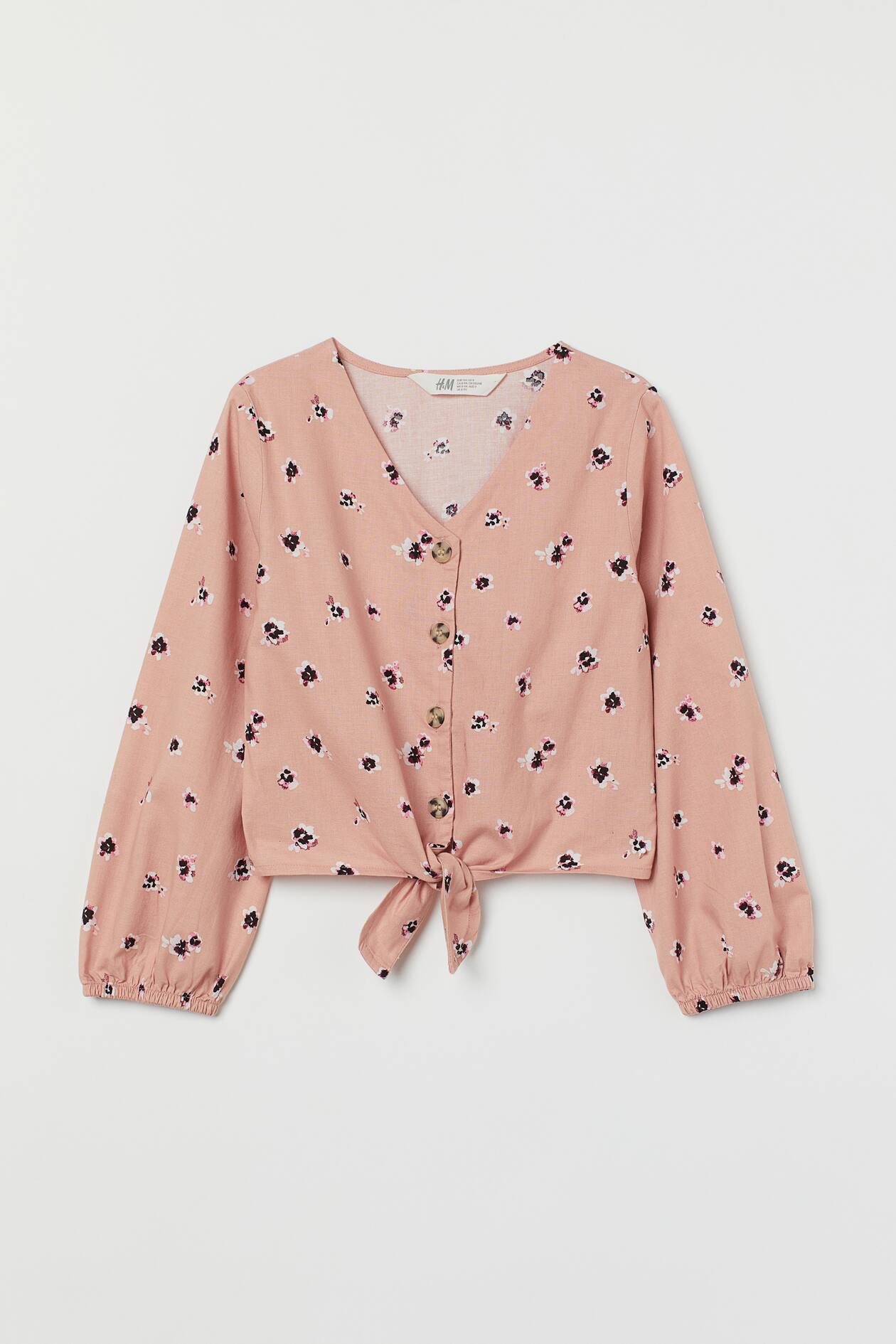 Tie-detail Cotton Blouse - V-neck - Long sleeve - Powder pink/floral ...