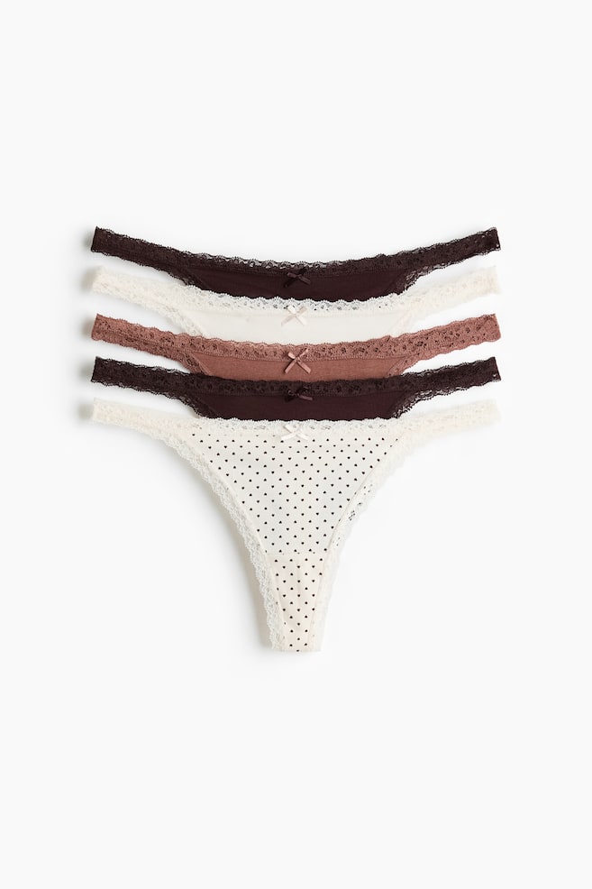 Pack de 5 bragas thong de algodón - Rosa de antaño/Corazones/Negro - 1