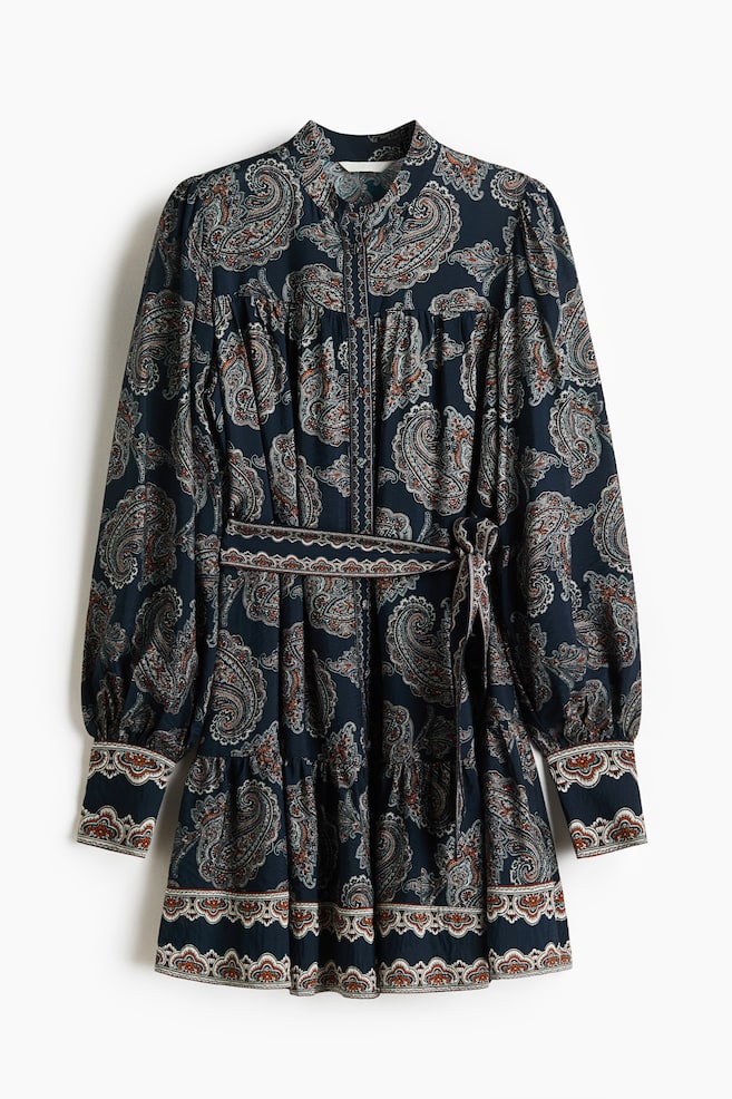 Tie Belt Tunic Dress - Dark blue/Paisley pattern/Black/Floral - 1