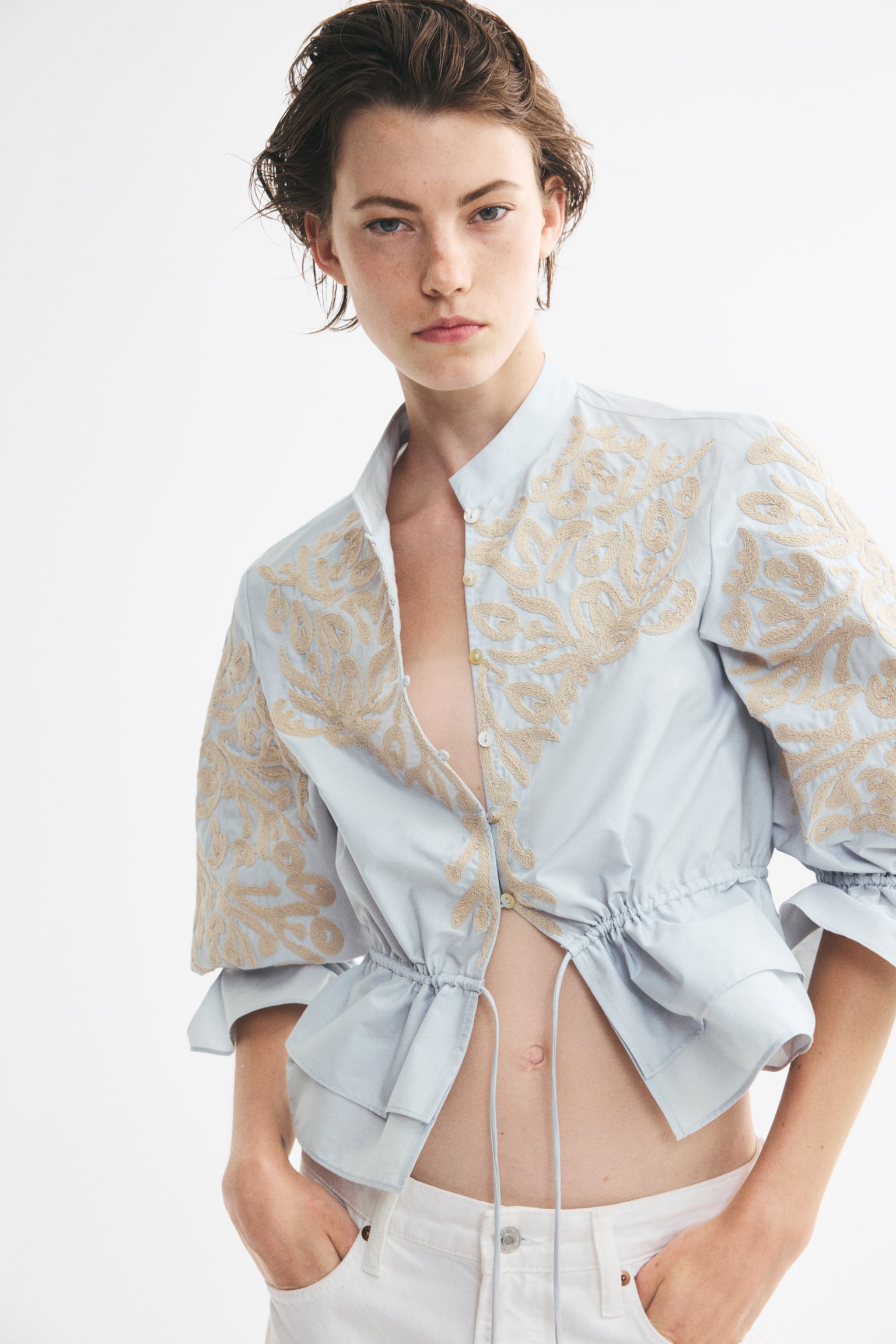 Appliquéd drawstring blouse - Light blue/Patterned - 1