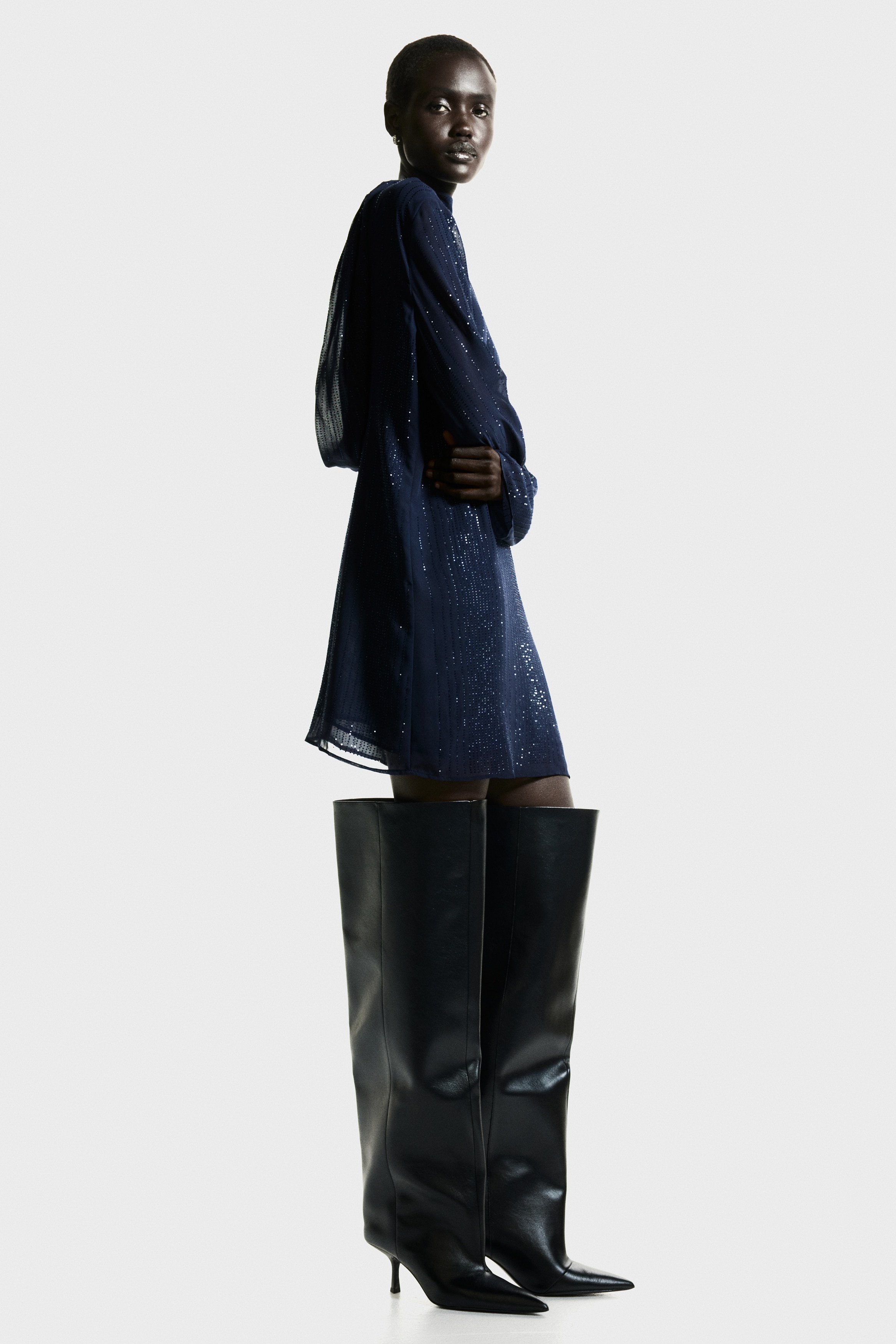 Embellished Cowl-Back Dress - Navy blue