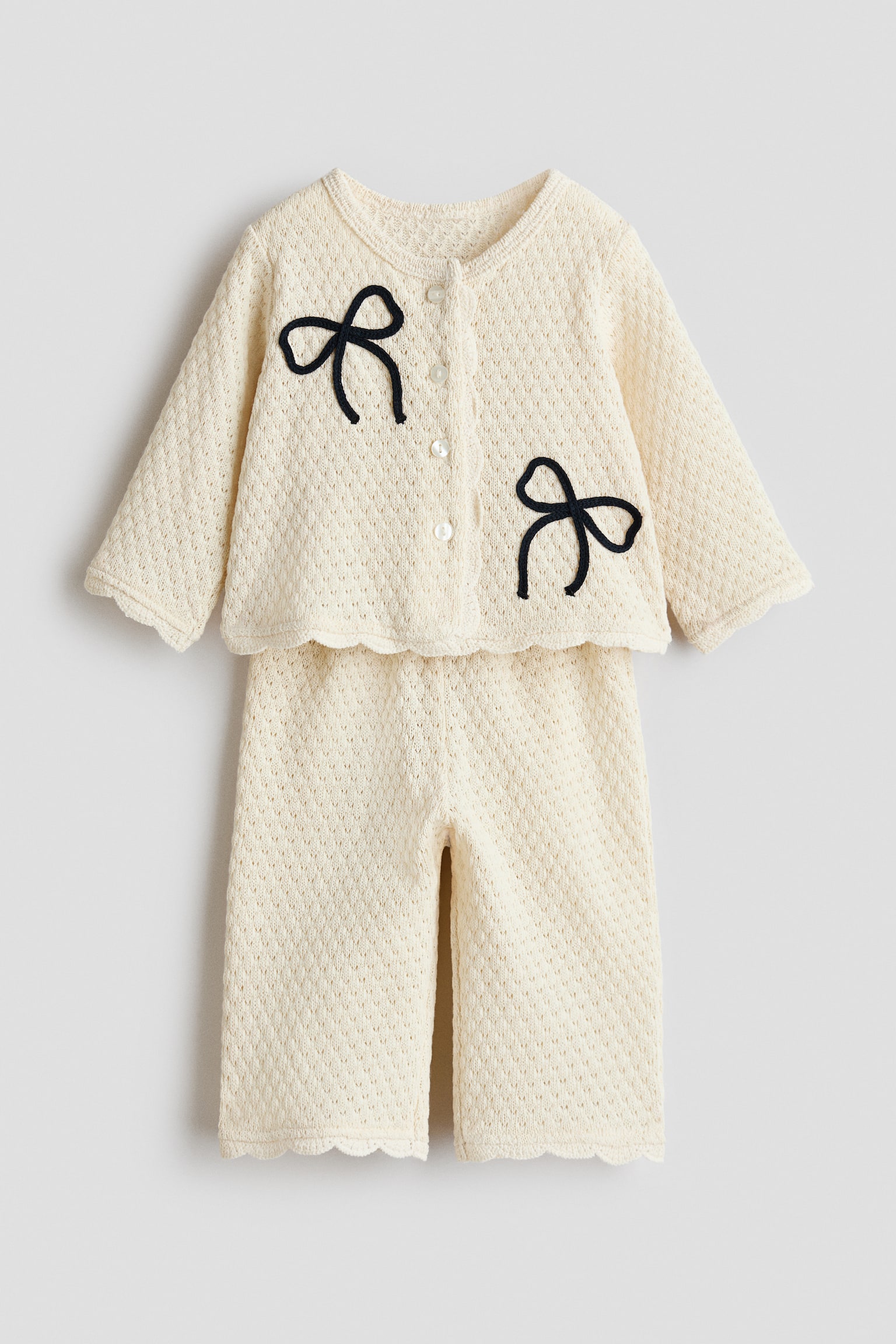 2 Parçalı Delik Desenli Triko Set - Krem/Fiyonklar