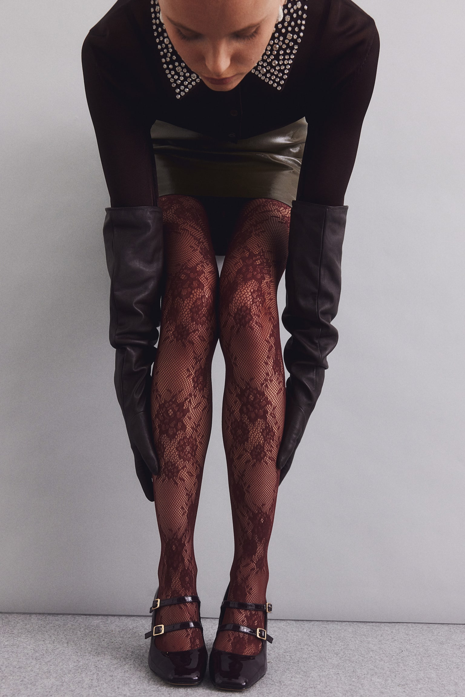 Lace tights - Burgundy/White - 3