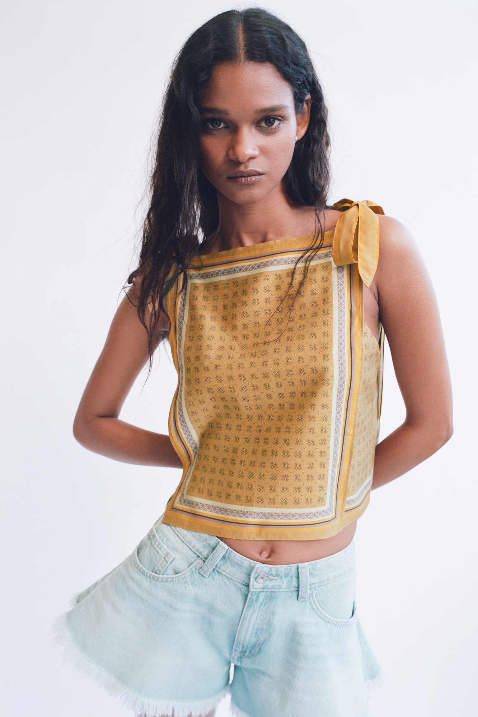 Printed viscose-blend top - Dark beige/Patterned - 1