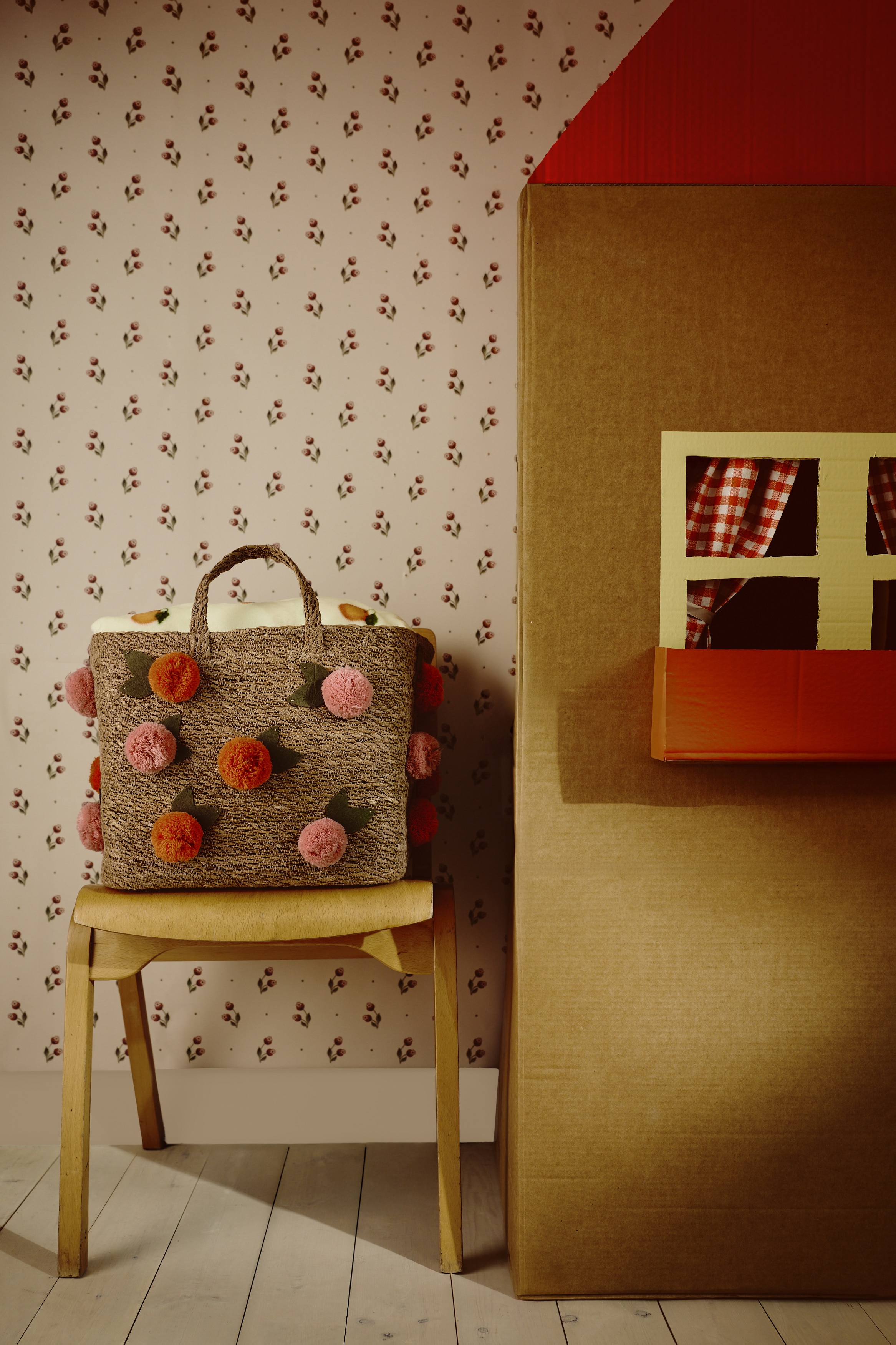 Panier de rangement en jonc de mer avec pompons - Beige/fruits