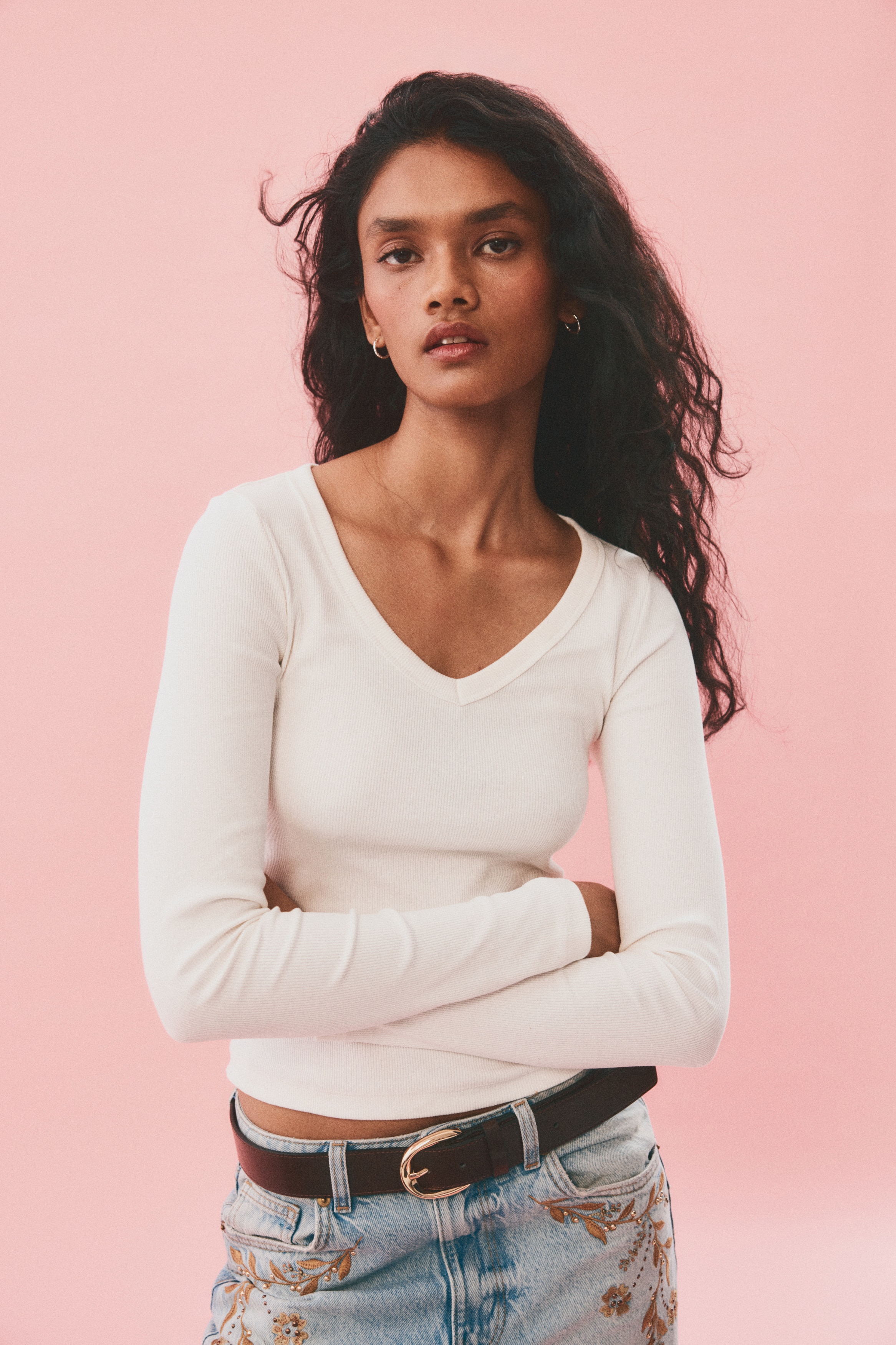 V-neck cotton top - Dark blue - Ladies | H&M