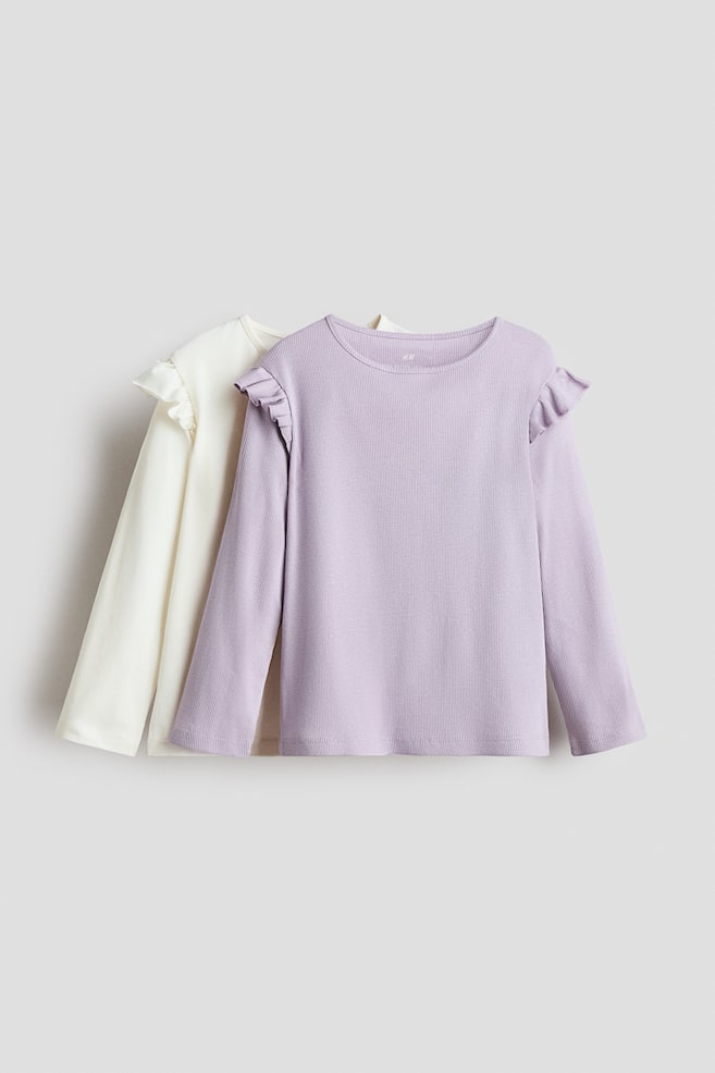 2-Pack Ruffle-Trimmed Jersey Tops - Dusty purple/white/Light beige melange/hot pink - 1